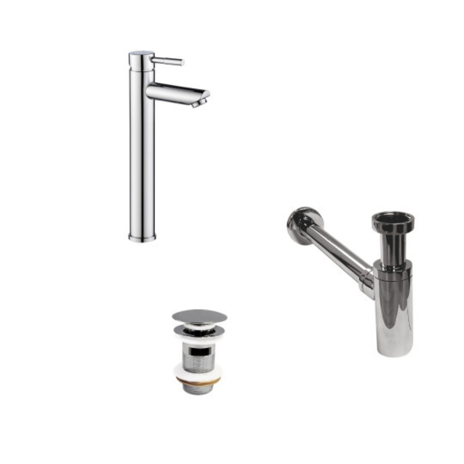 Robinet bec haut chromé TAP + bonde avec trop plein CLINT + siphon SIMON