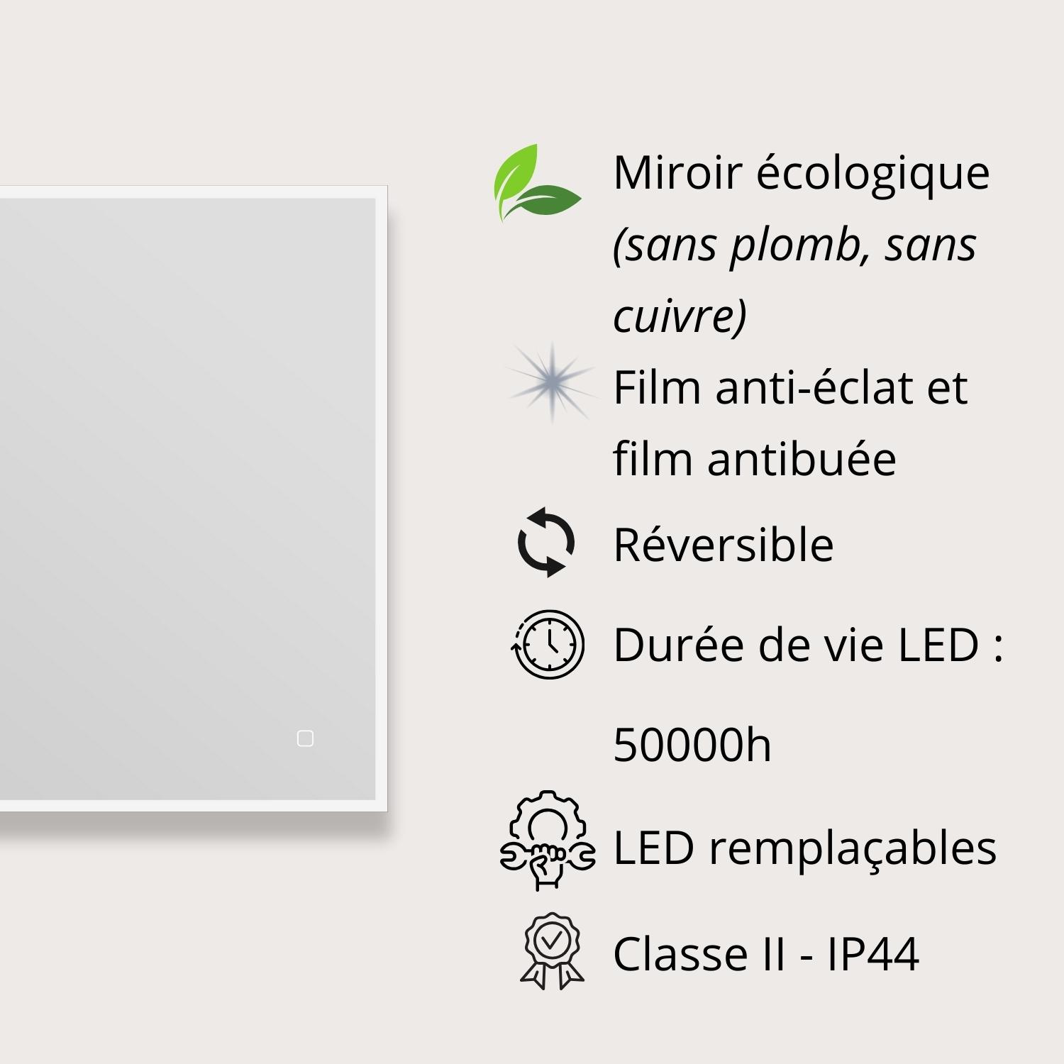Miroir LED rectangulaire L60/80cm cadre rétro-éclairé