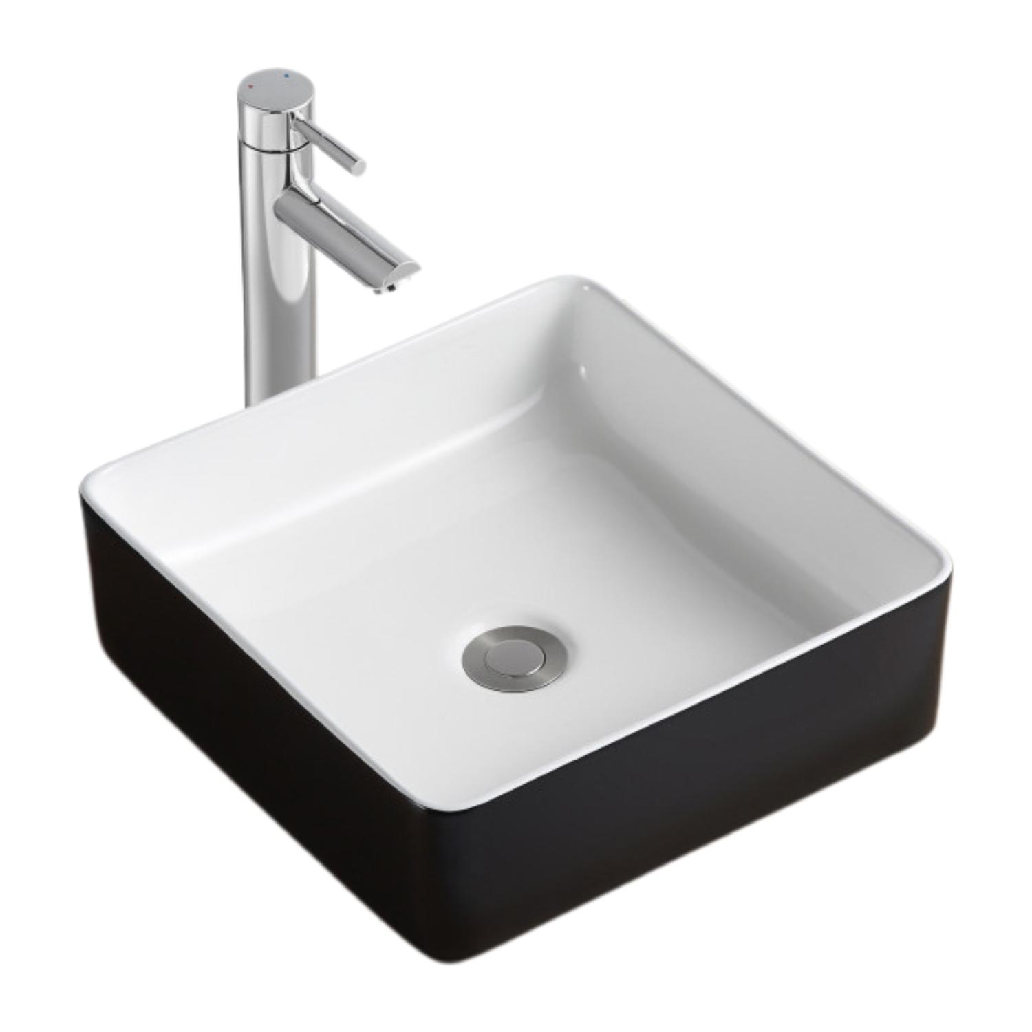 Vasque à poser carrée en céramique bicolore noir et blanc 36cm