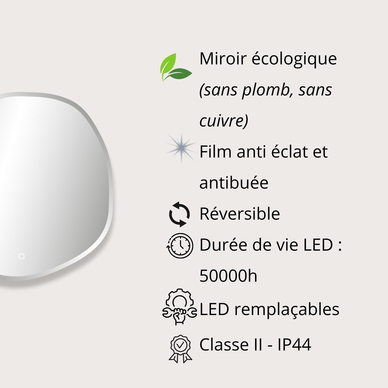 Miroir LED organique D60/80cm à bords biseautés