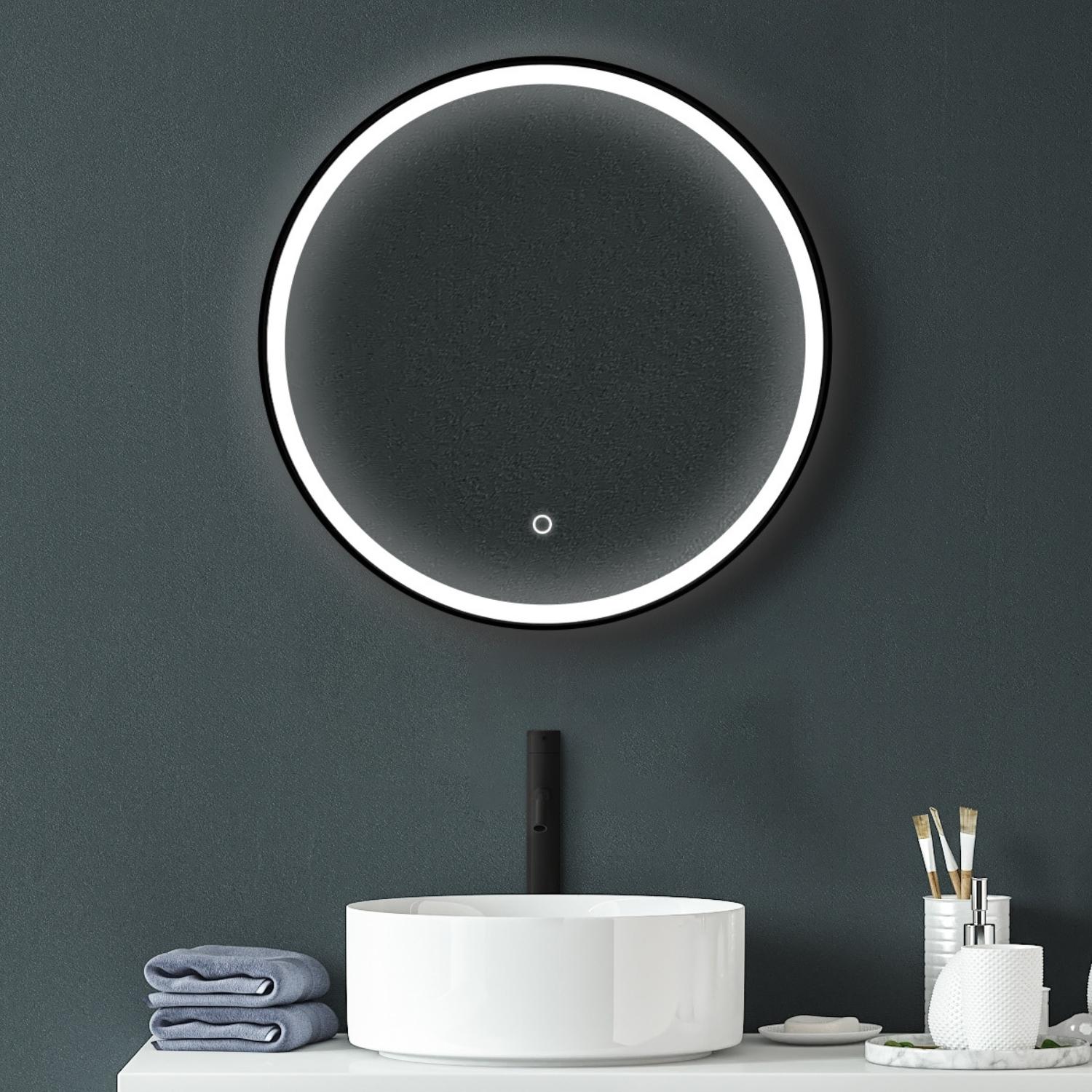 Miroir LED rond D60cm avec cadre alu noir