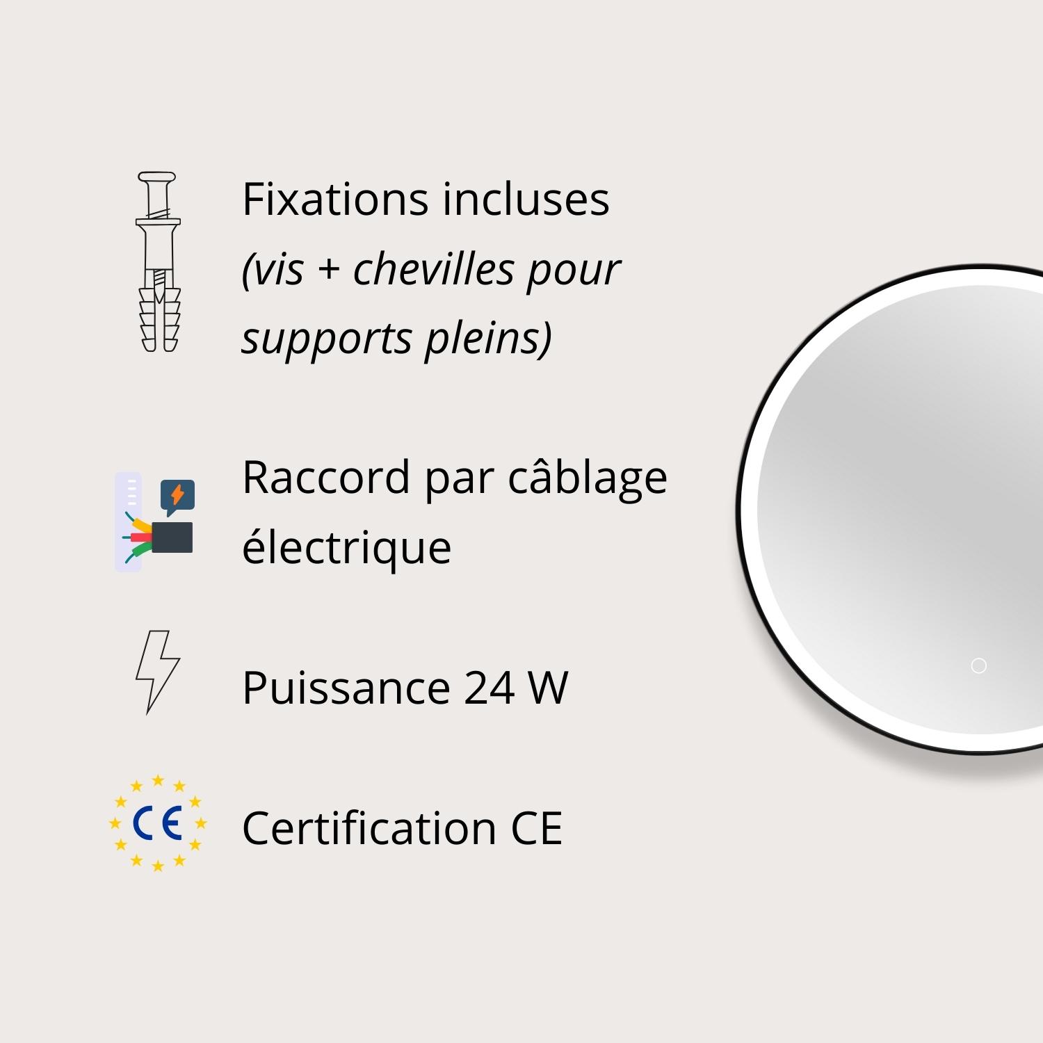 Miroir LED rond D60cm avec cadre alu noir