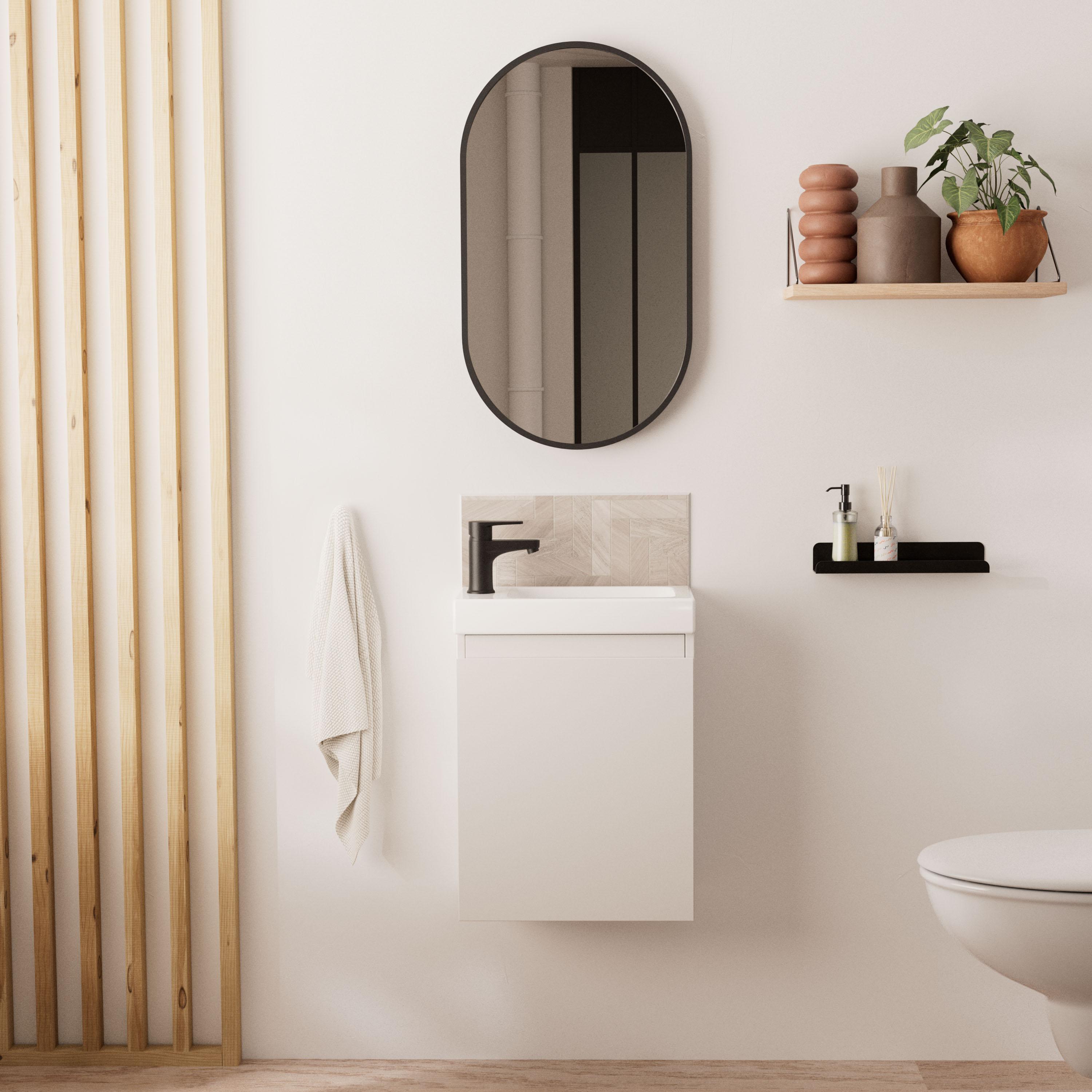 Ensemble lave-mains suspendu + robinet noir + miroir ovale