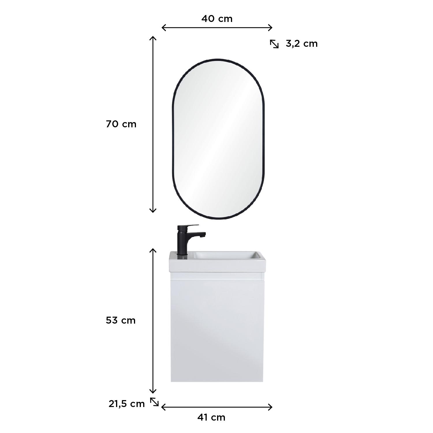 Ensemble lave-mains suspendu + robinet noir + miroir ovale