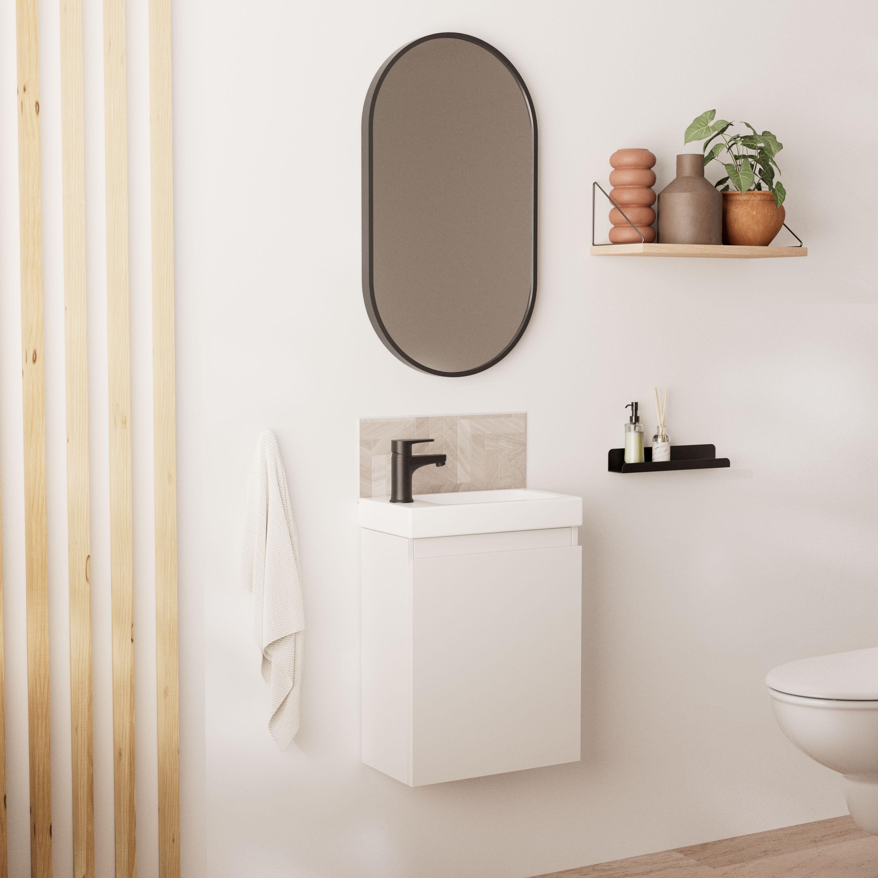 Ensemble lave-mains suspendu + robinet noir + miroir ovale