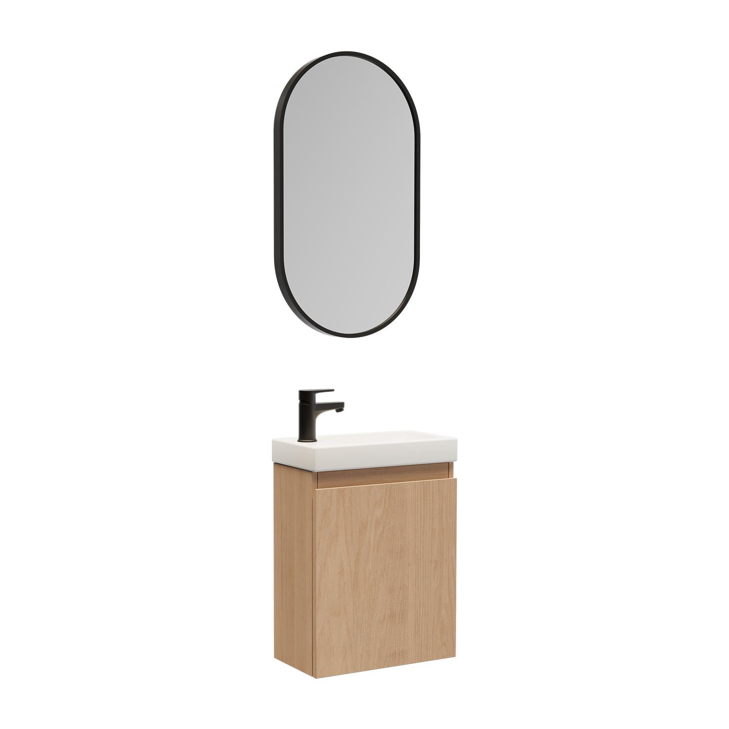 Ensemble lave-mains suspendu + robinet noir + miroir ovale