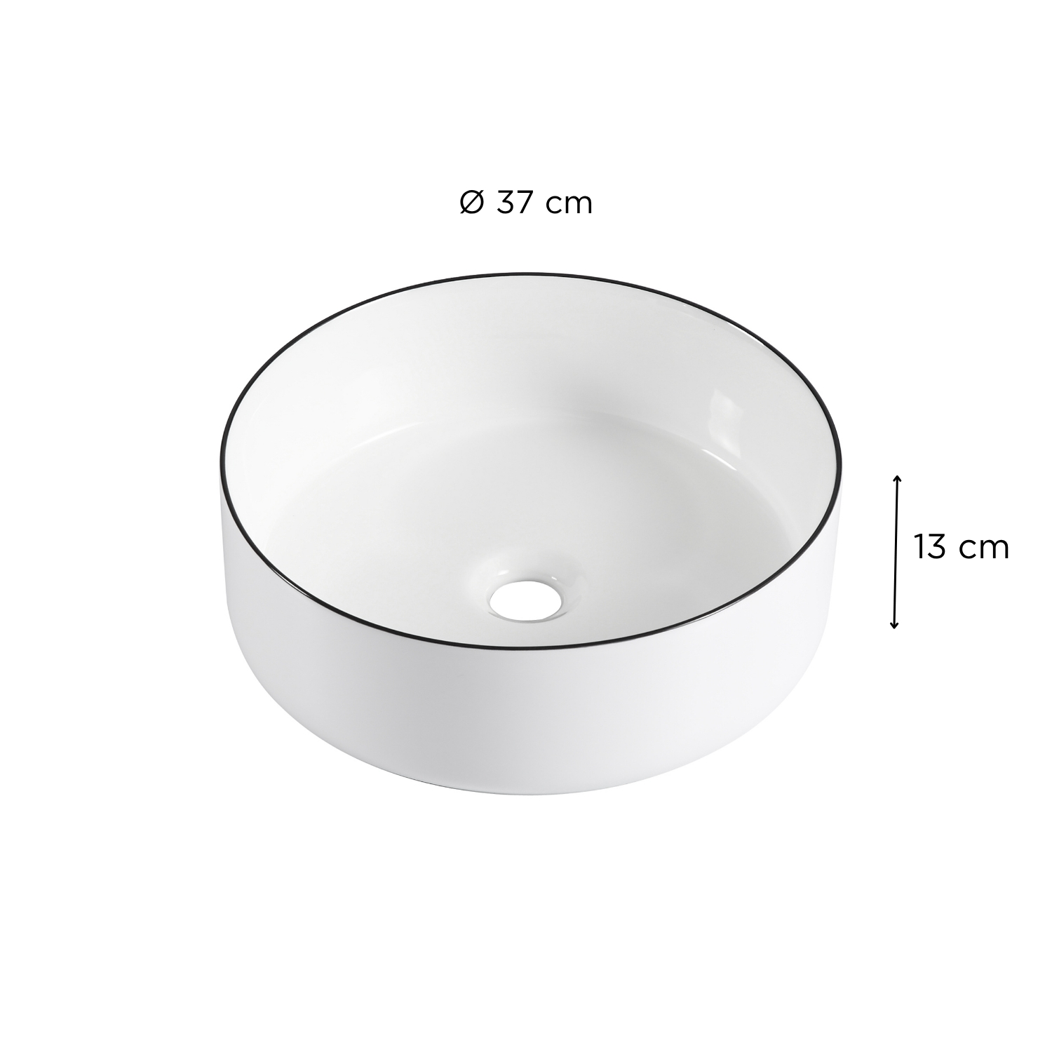 Vasque à poser ronde blanche liseré noir 37cm céramique ALIX vue de dessus.