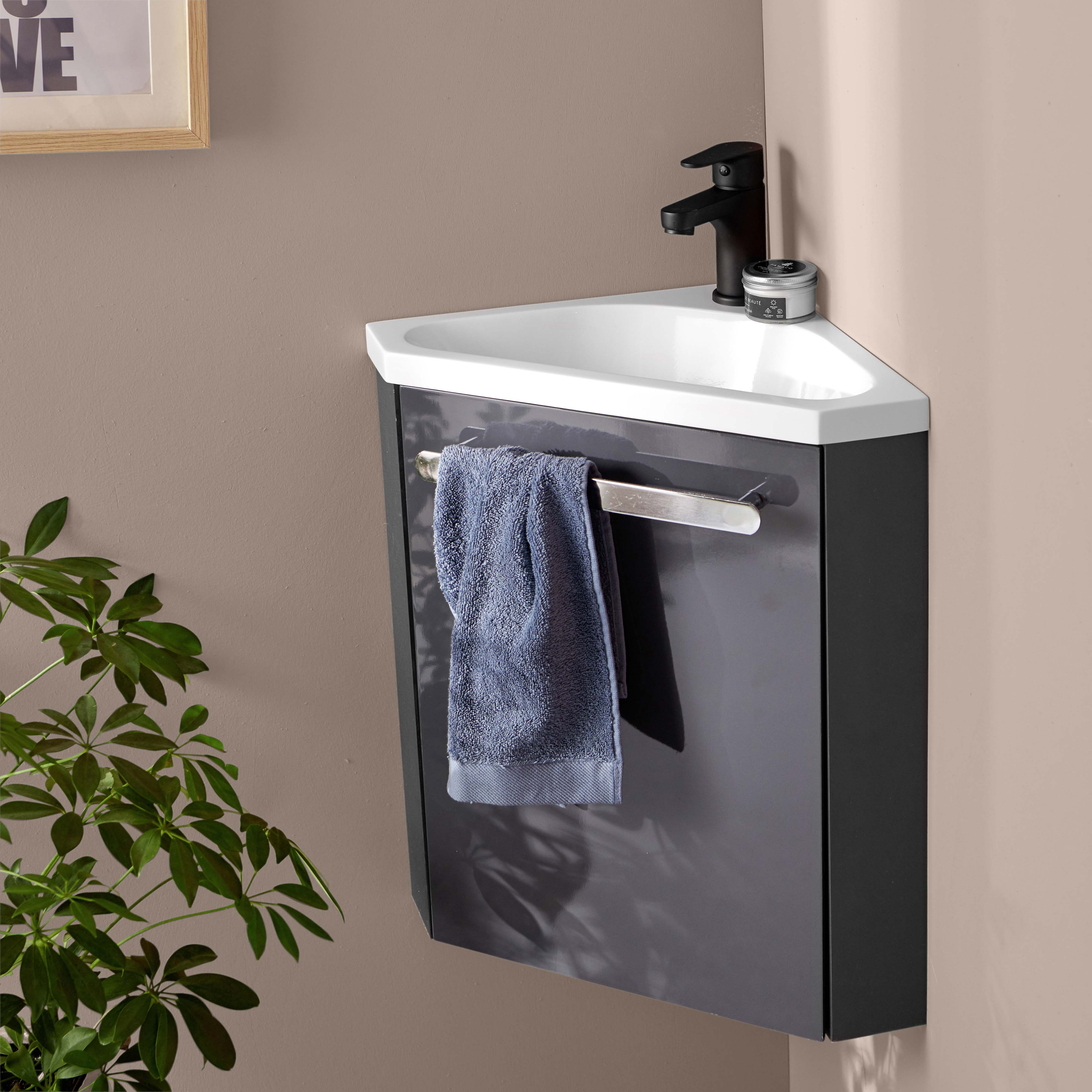 Ensemble meuble lave-mains d'angle décor chêne vasque noire SKINO avec robinet noir
