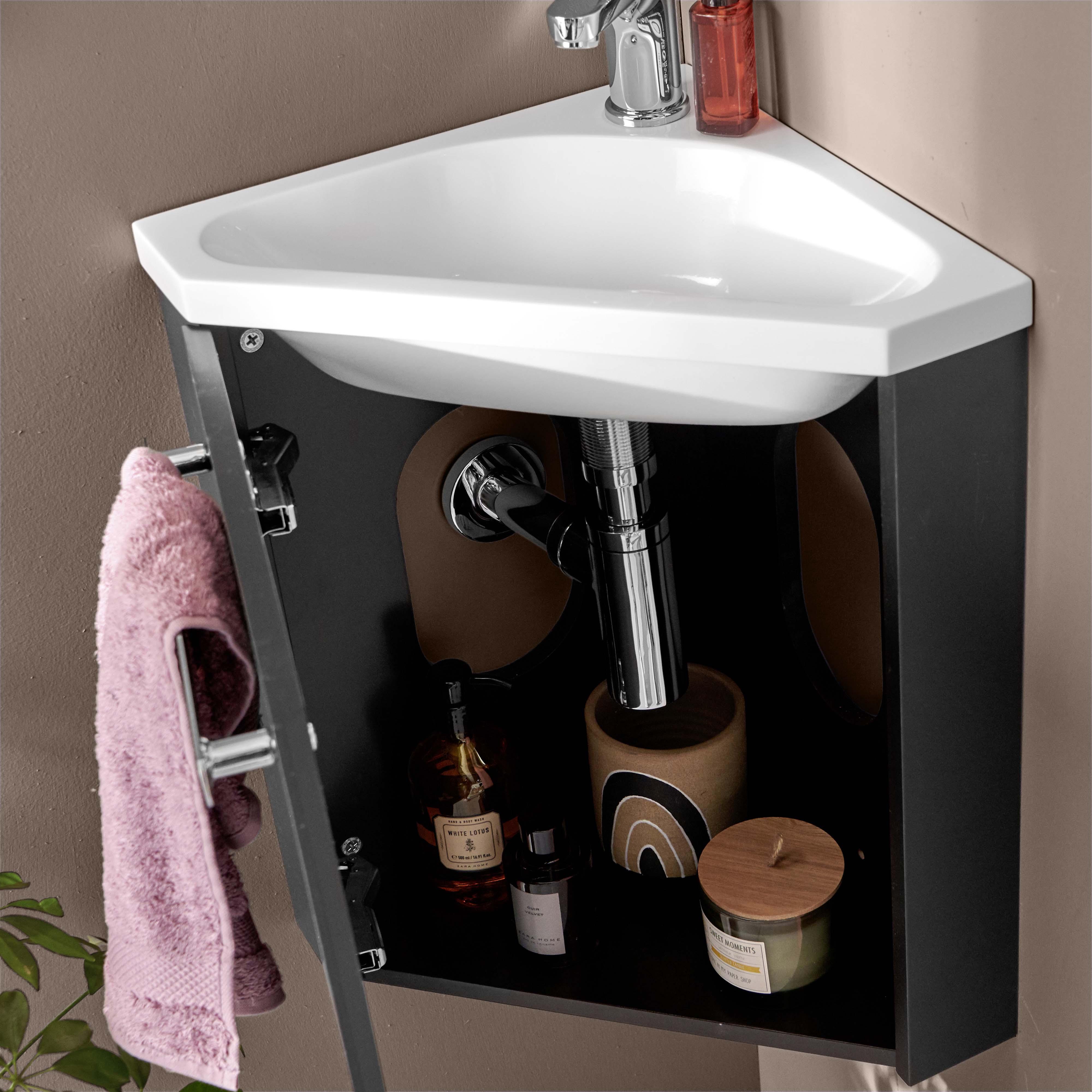 Ensemble meuble lave-mains d'angle blanc SKINO avec robinet chromé