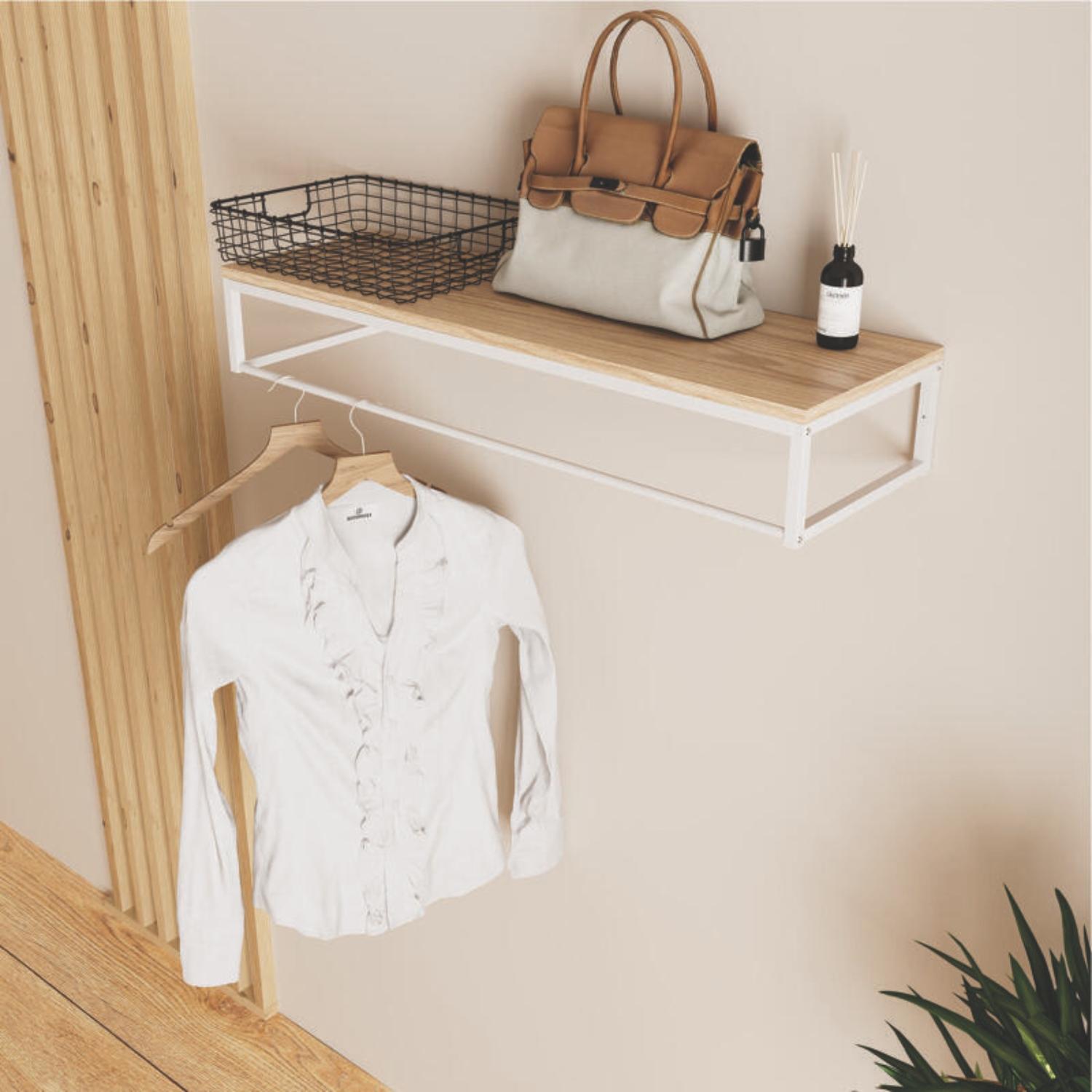 Penderie étagère murale bois et métal blanc L90cm