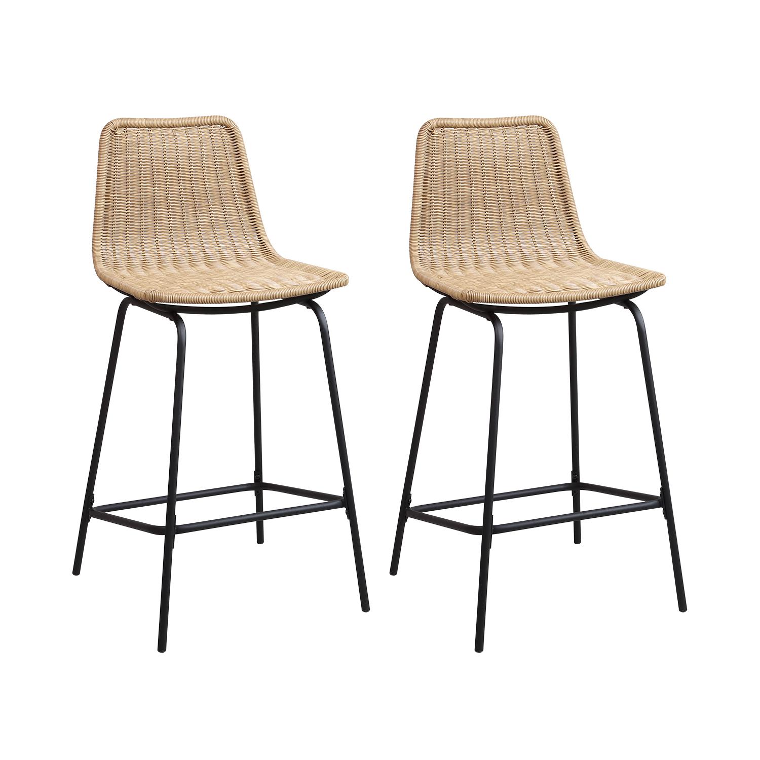 Lot de 2 tabourets d'ilot et bar 65 cm en métal et rotin synthétique