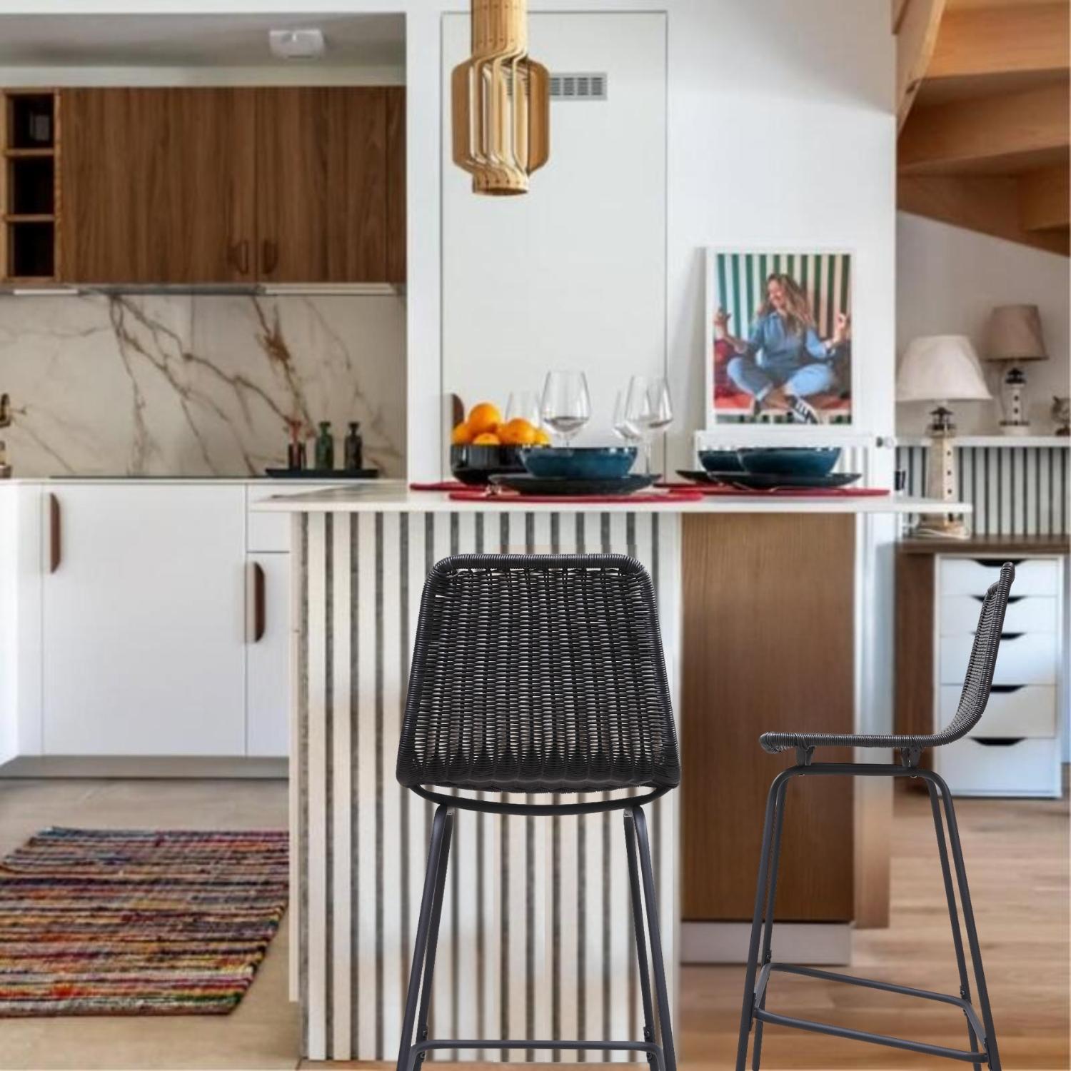 Lot de 2 tabourets d'ilot et bar 65 cm en métal et rotin synthétique