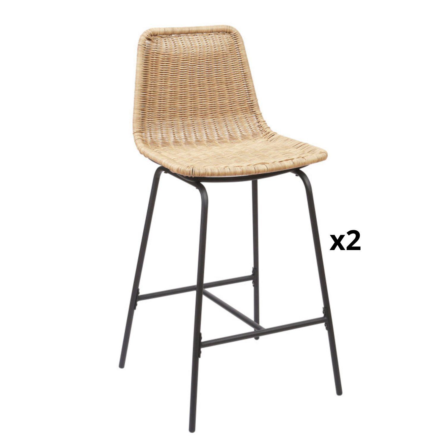 Lot de 2 tabourets de bar et d'ilot 65 cm en rotin synthétique noir et métal