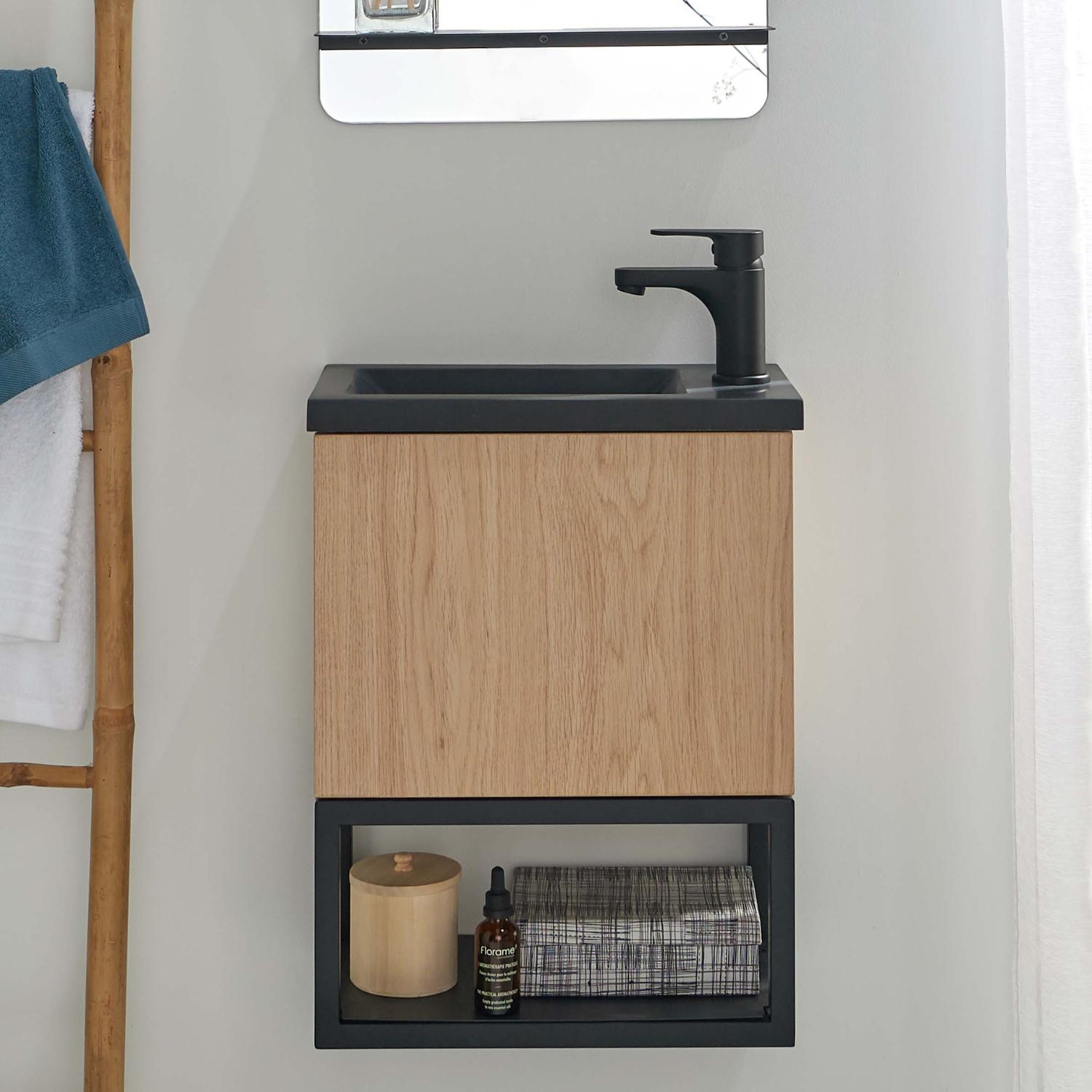 Ensemble meuble lave-mains à suspendre NOVA avec robinet noir