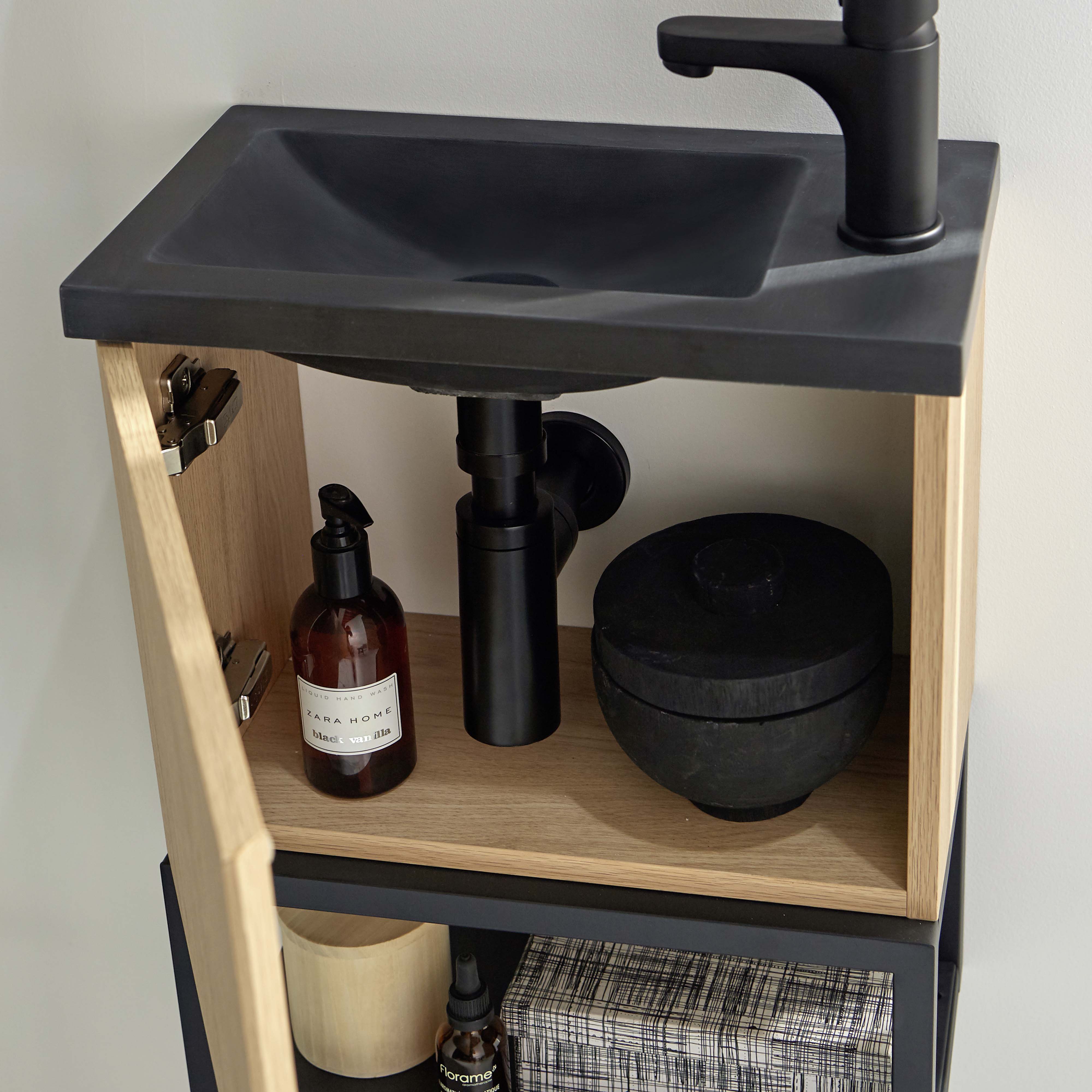 Ensemble meuble lave-mains noir carbone + miroir