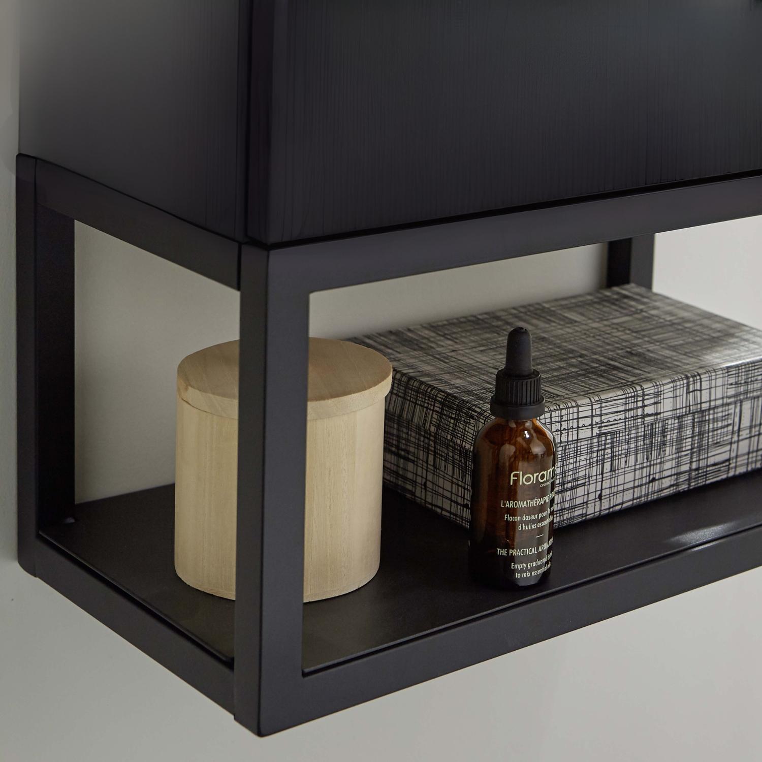Ensemble meuble lave-mains noir carbone + miroir + robinet