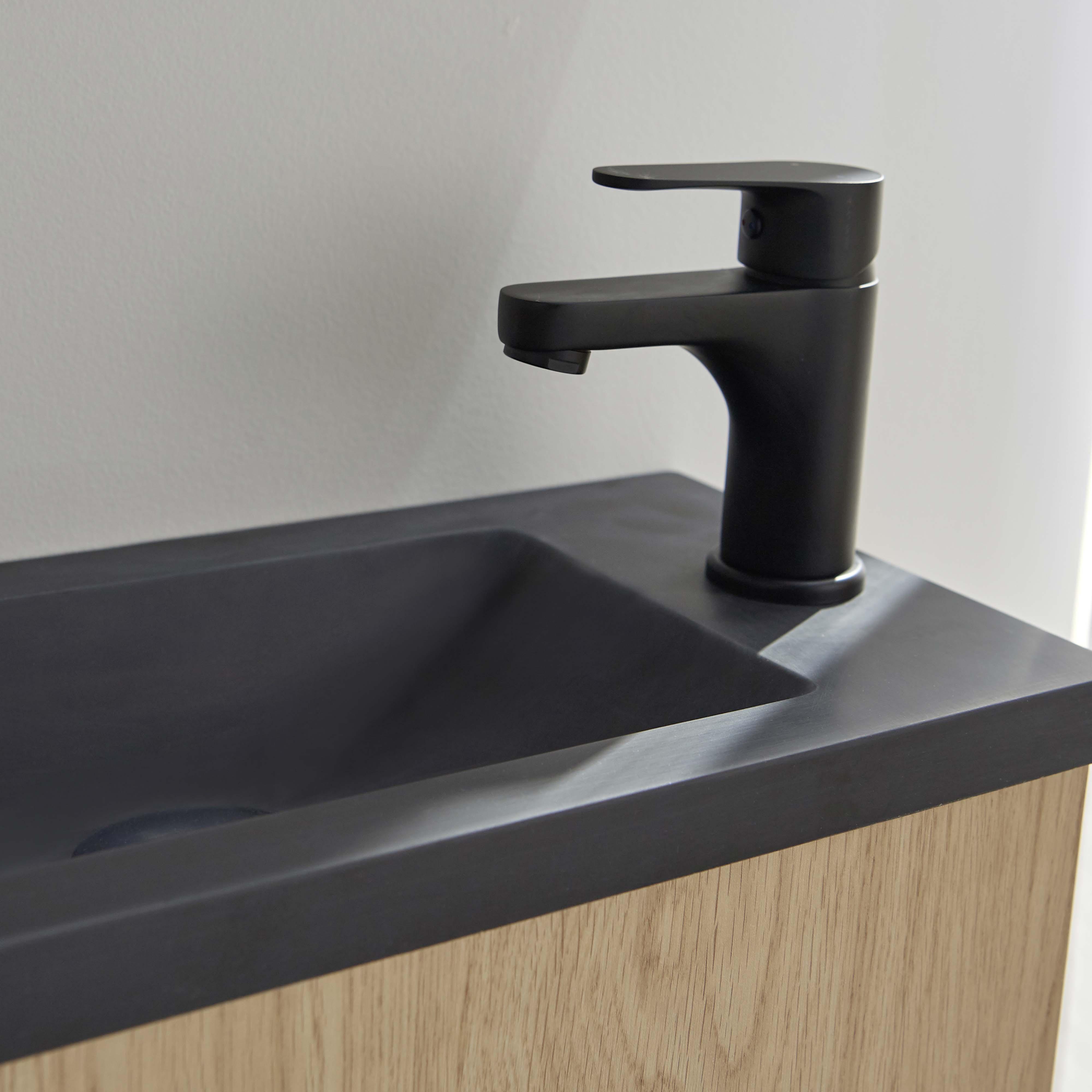 Ensemble meuble lave-mains noir carbone + miroir + robinet