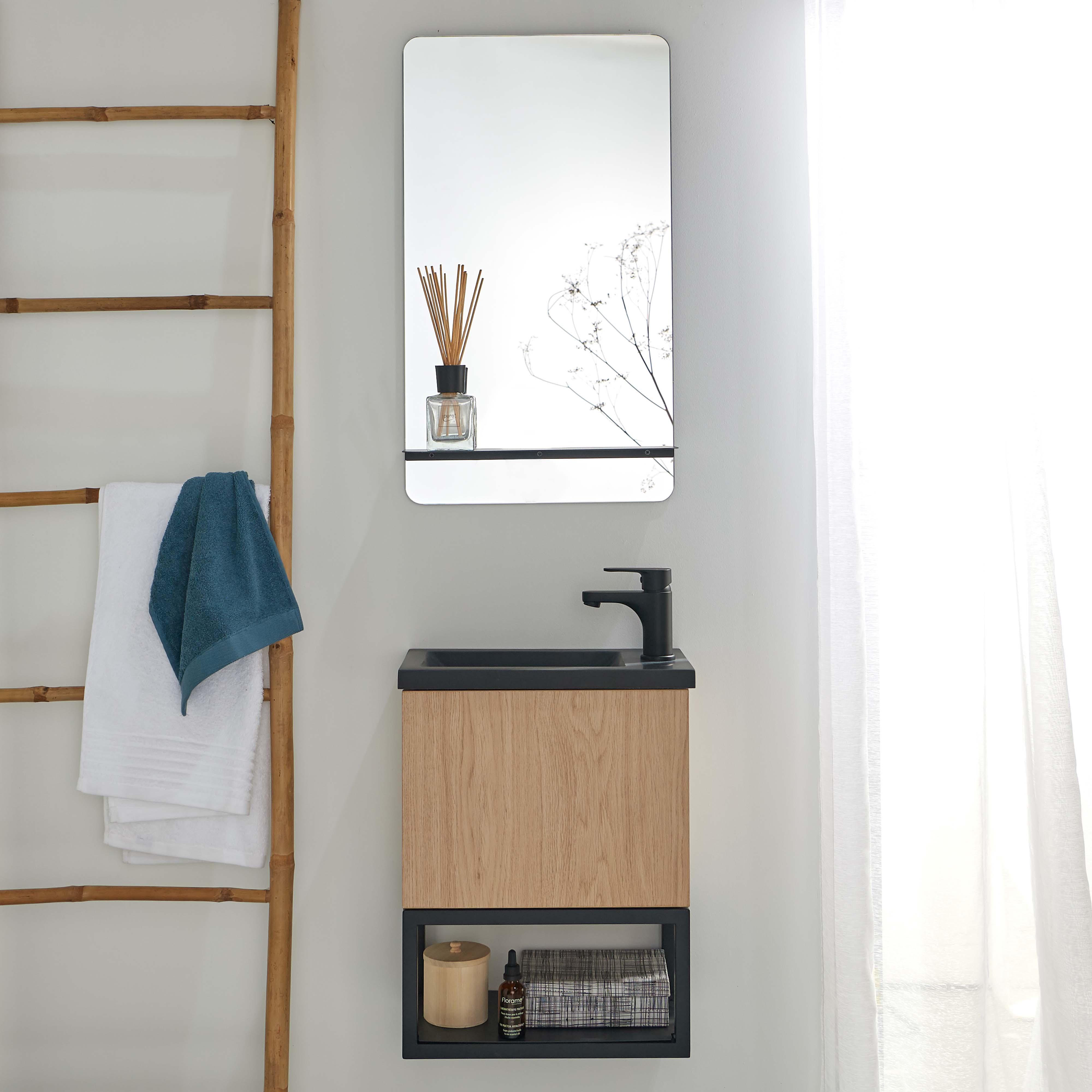 Ensemble lave-mains métal et bois avec miroir à tablette