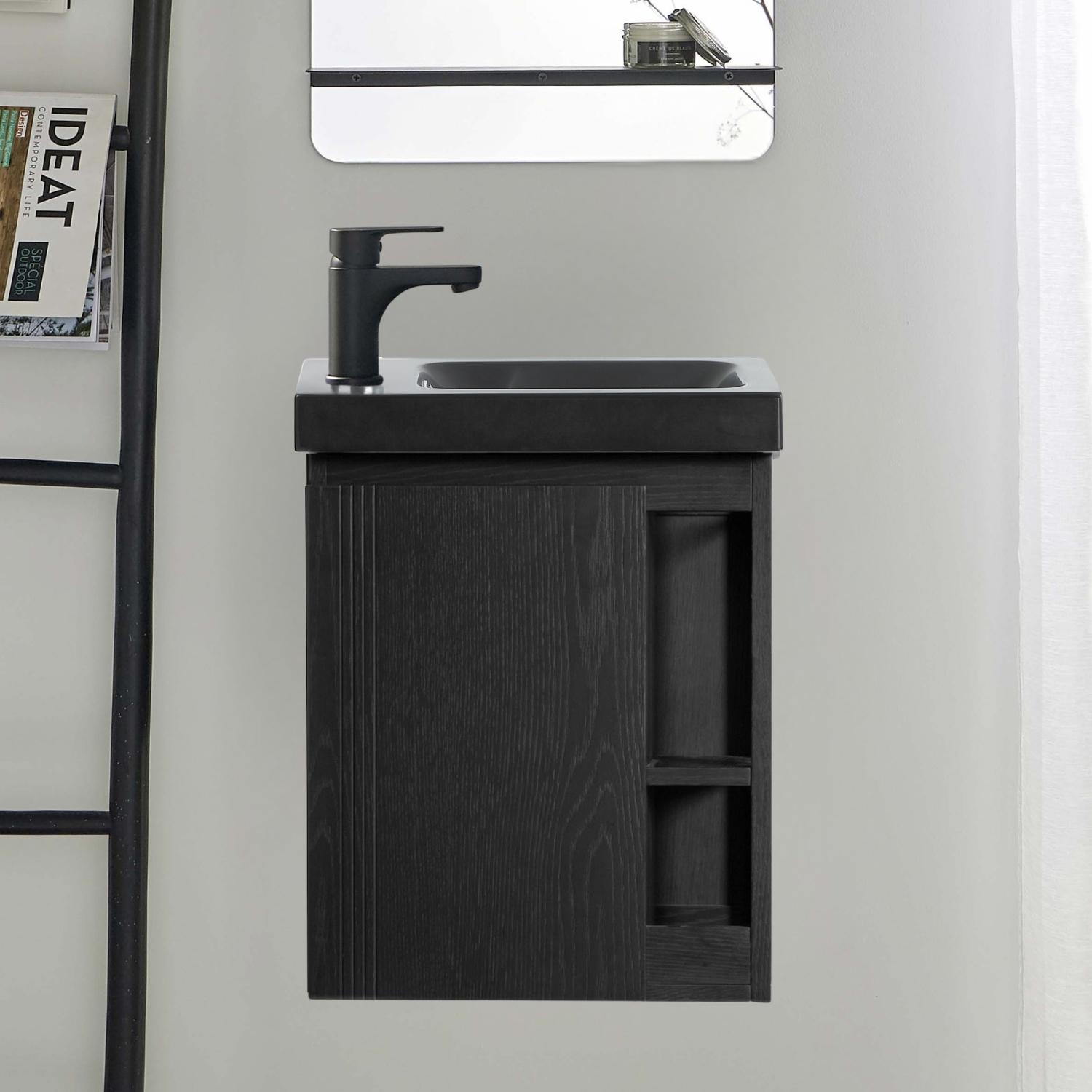 Meuble lave-mains chêne carbone vasque noire