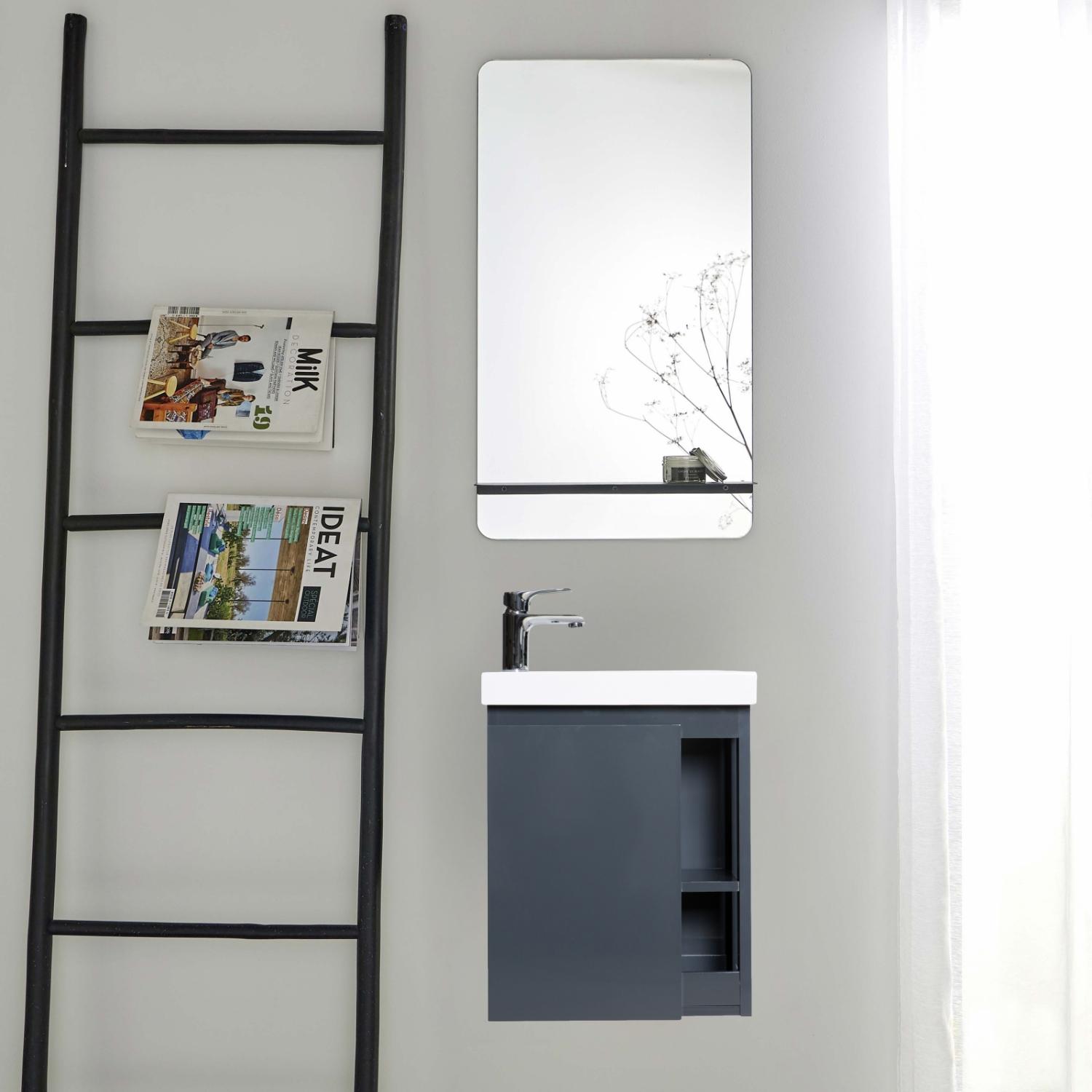 Ensemble lave-mains avec rangement latéral, robinet chromé et miroir tablette