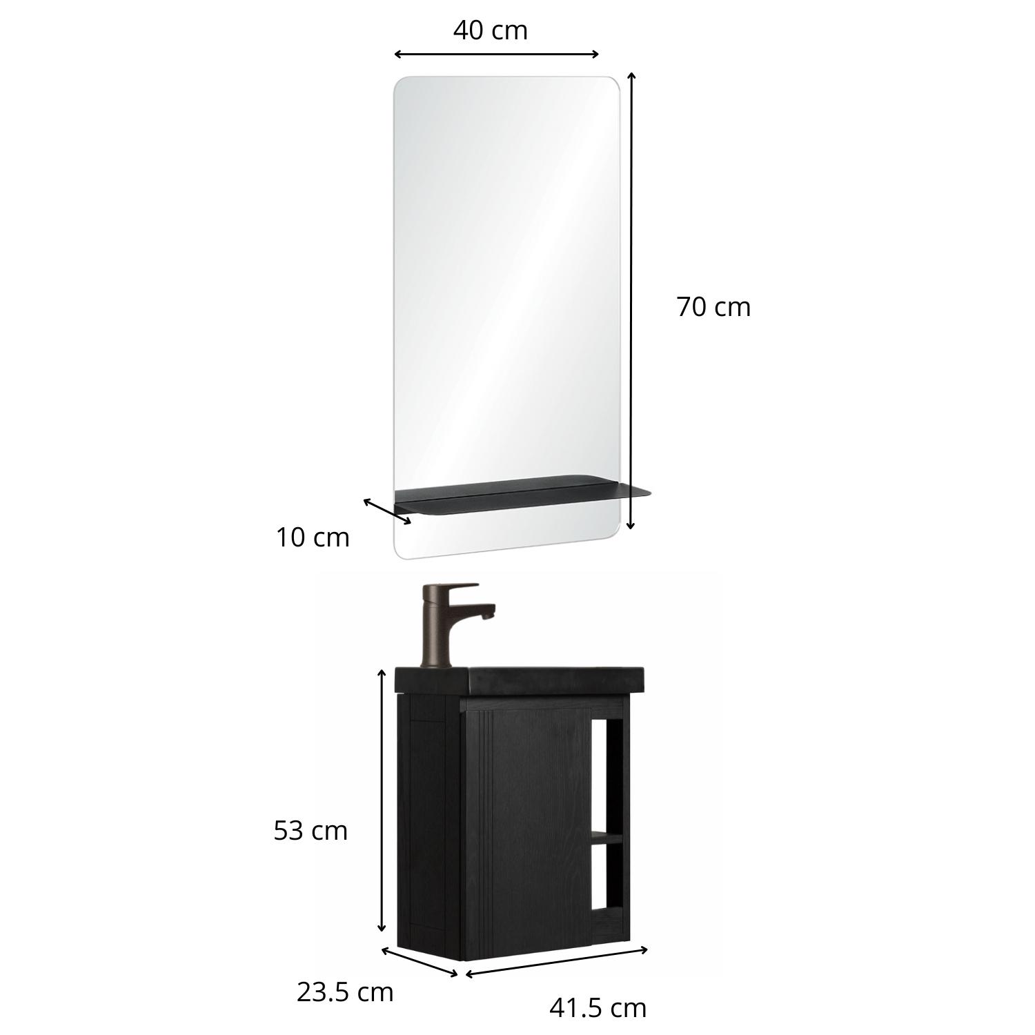 Ensemble lave-mains avec rangement latéral, robinet noir et miroir tablette