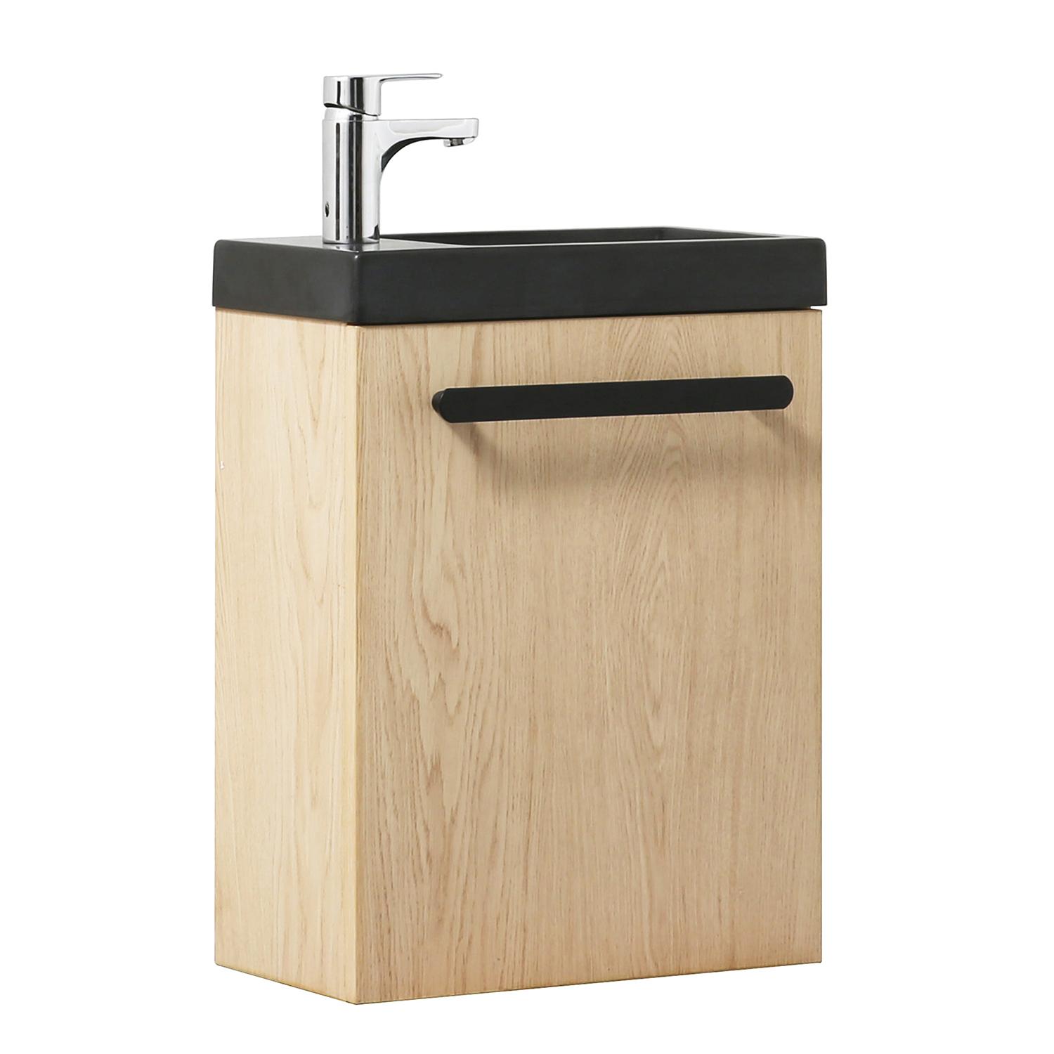 Ensemble meuble lave-mains décor chêne vasque noire NEVADA avec robinet chromé