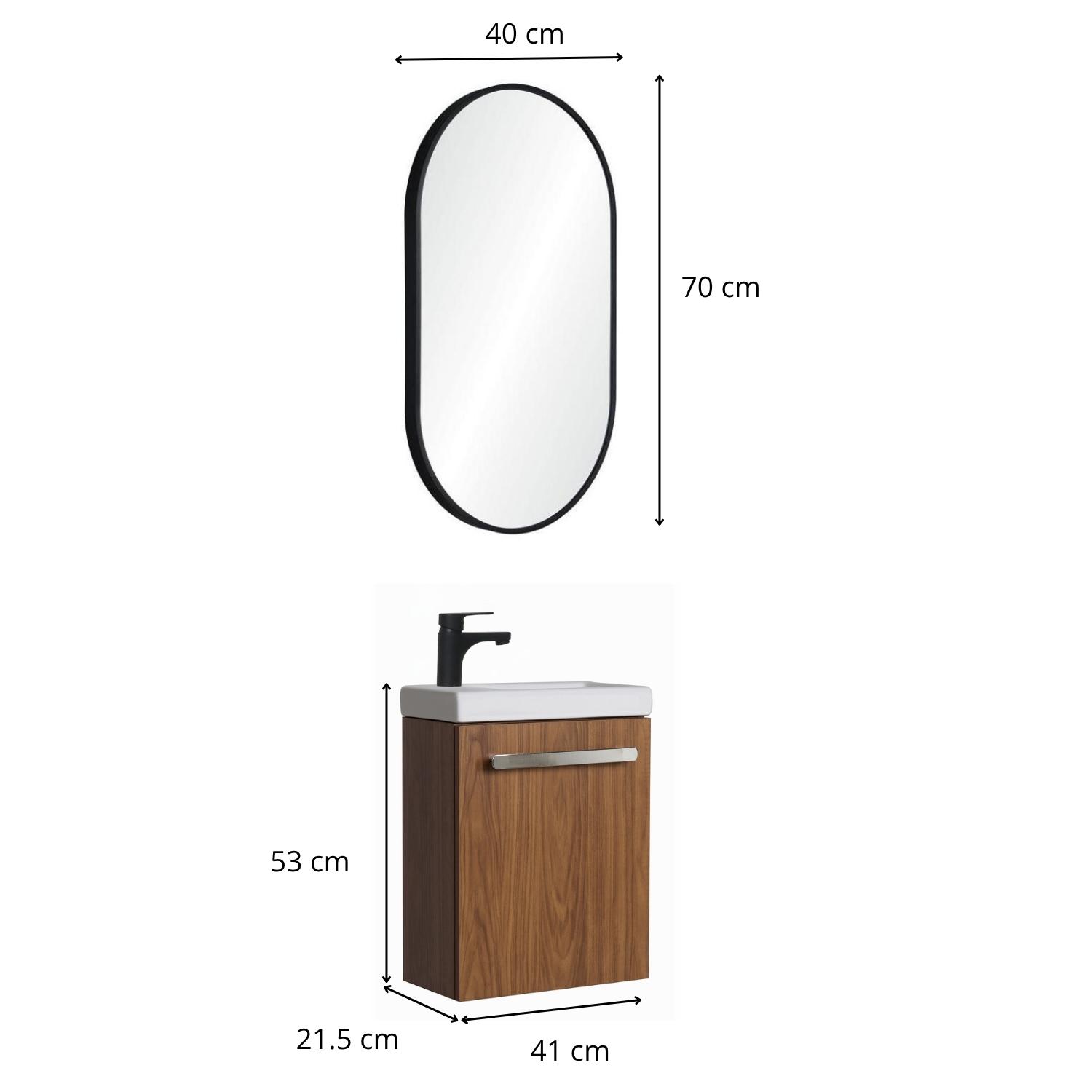 Ensemble lave-mains suspendu avec poignée métal, robinet noir et miroir ovale noir