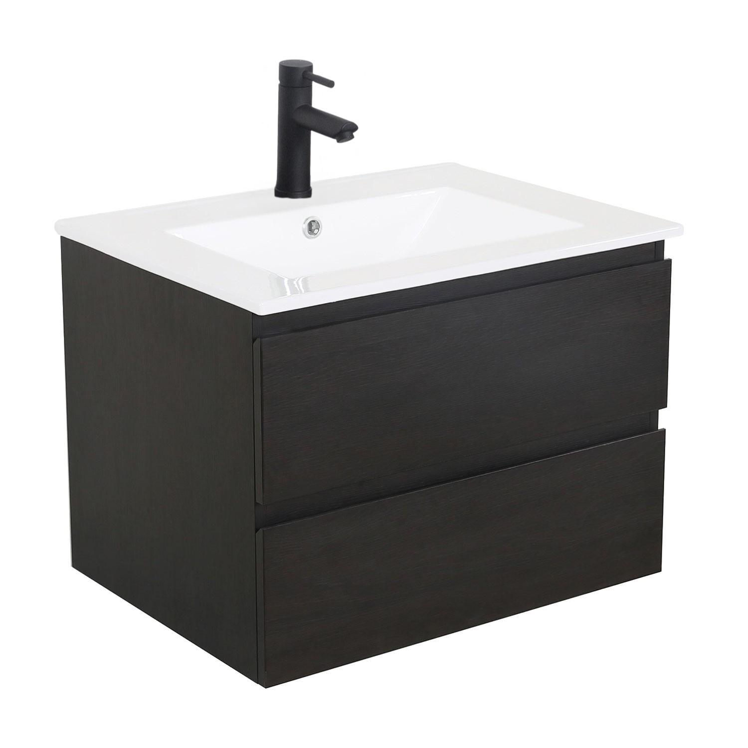 Ensemble meuble simple vasque décor chêne  carbone 60cm + vasque + robinet noir