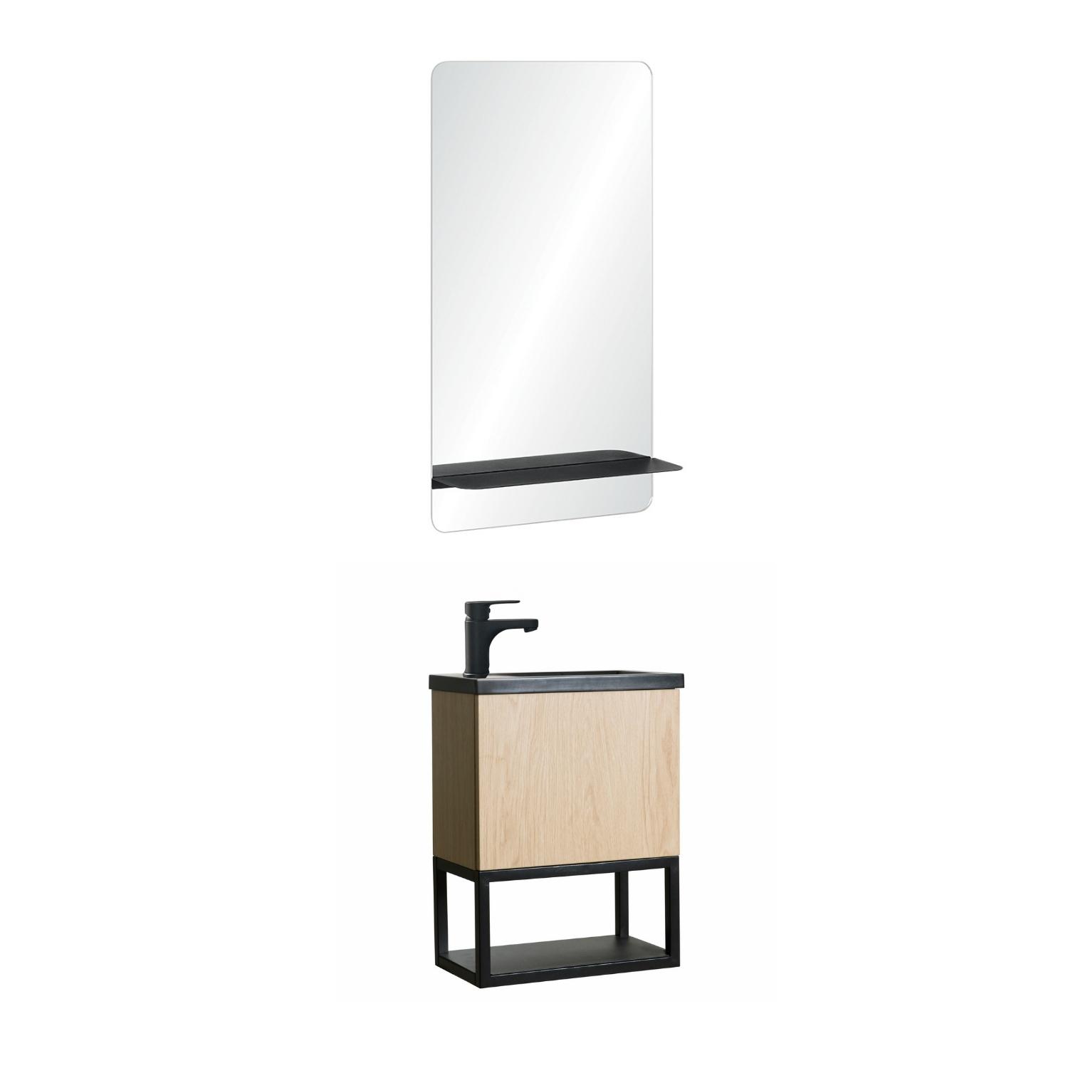 Ensemble lave-mains métal et bois avec robinet noir et miroir tablette