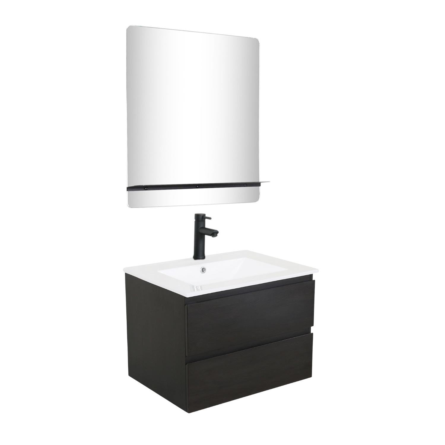 Ensemble meuble simple vasque 60cm décor chêne + vasque noire + robinet + miroir