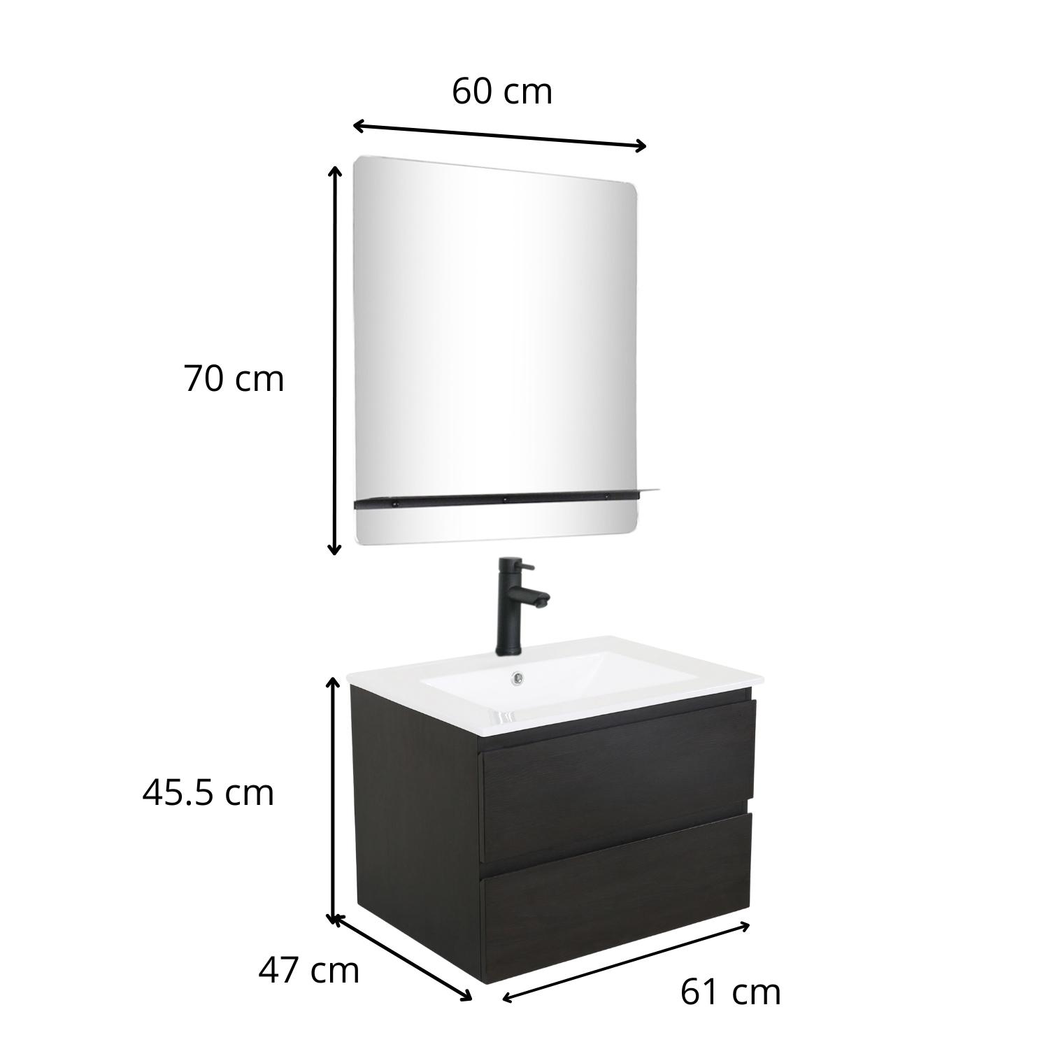 Ensemble meuble simple vasque 60cm décor chêne + vasque noire + robinet + miroir