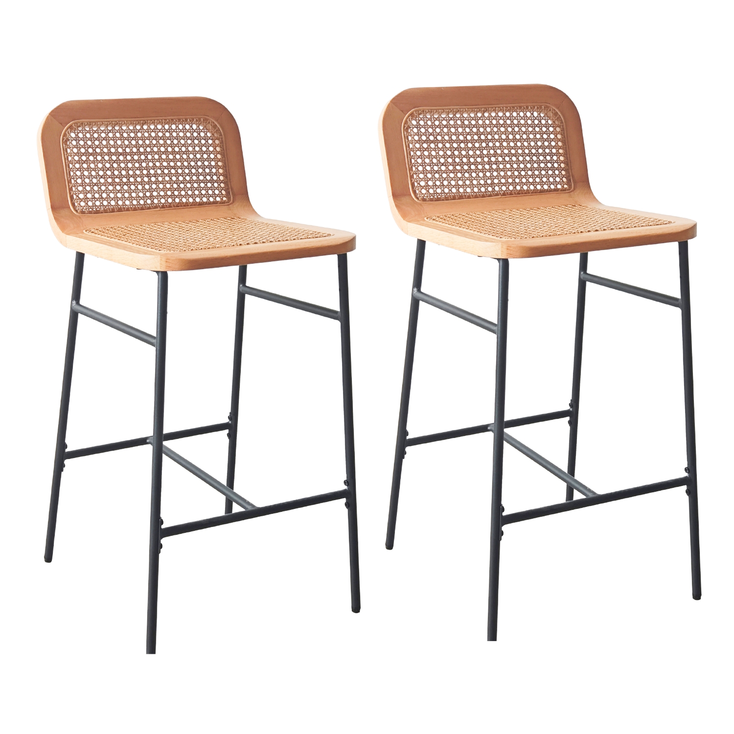 Lot de chaises d'îlot et bar en métal et assise cannage H65cm