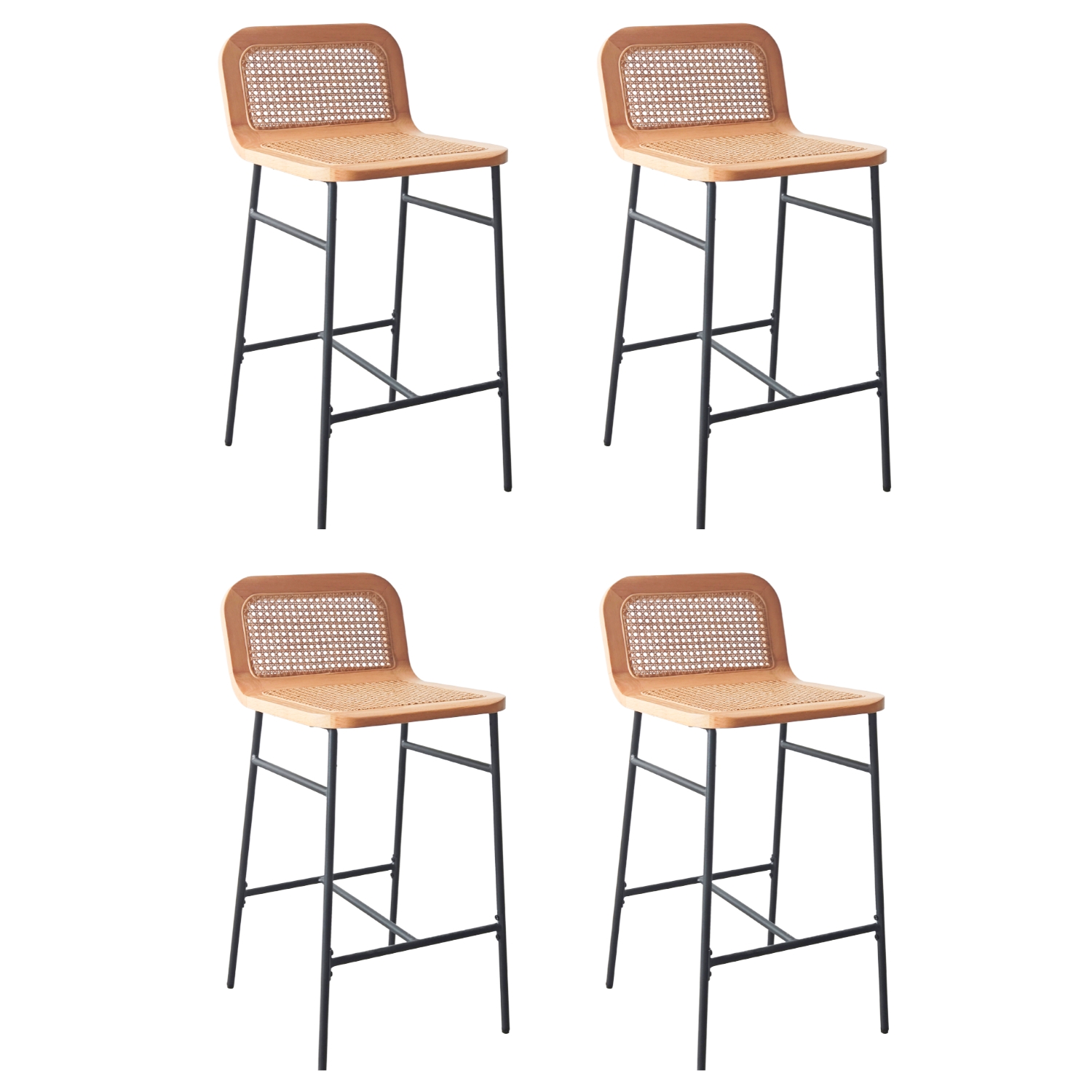 Lot de chaises d'îlot et bar en métal et assise cannage H65cm