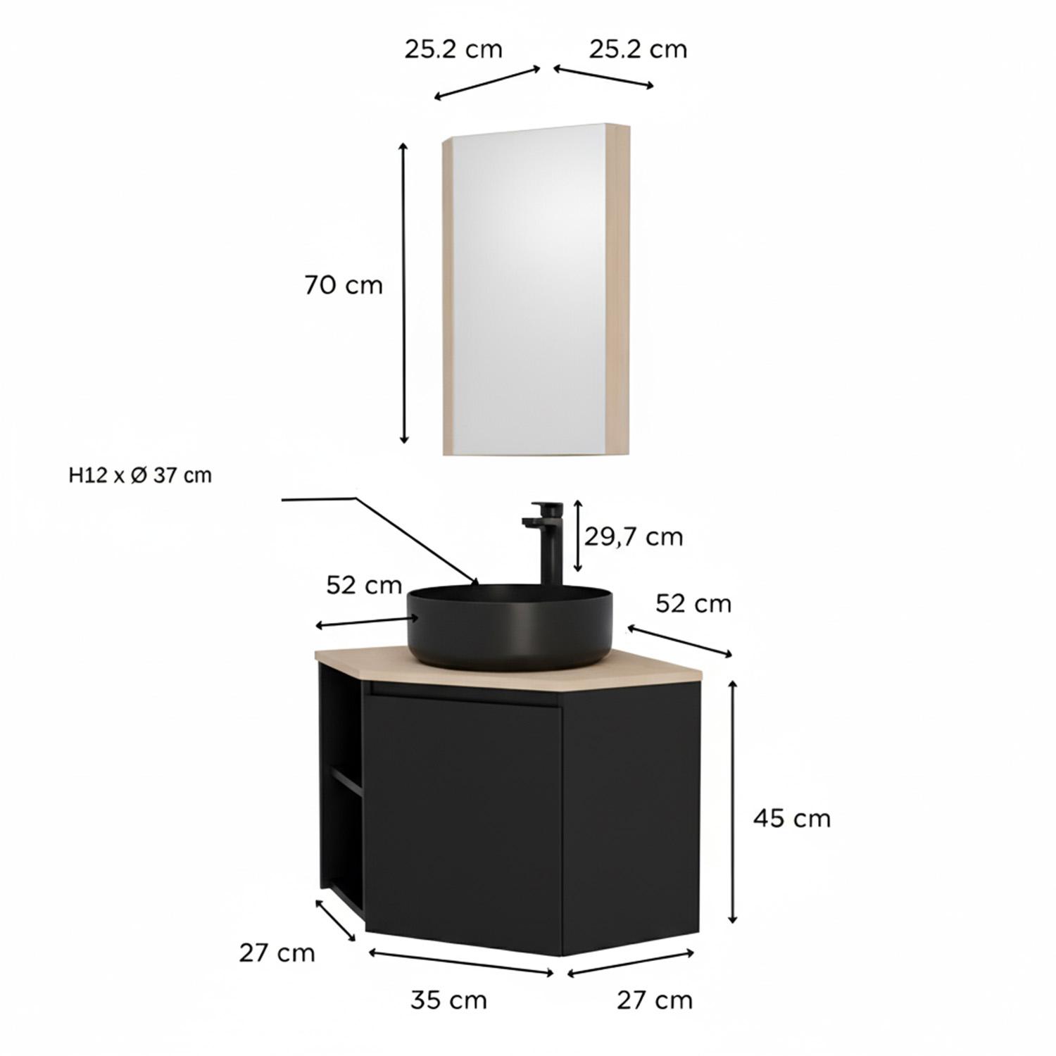 Ensemble meuble sous vasque d'angle avec vasque, robinet noir et armoire de toilette