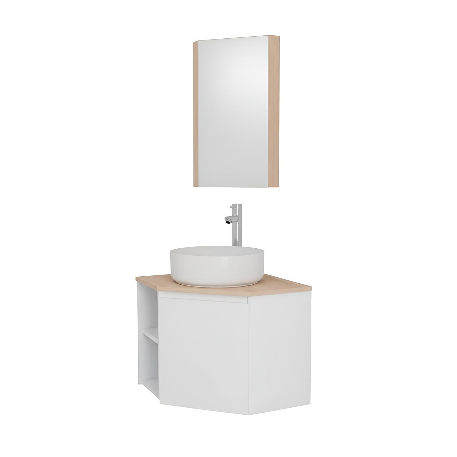 Ensemble meuble sous vasque d'angle avec vasque, robinet chromé et armoire de toilette