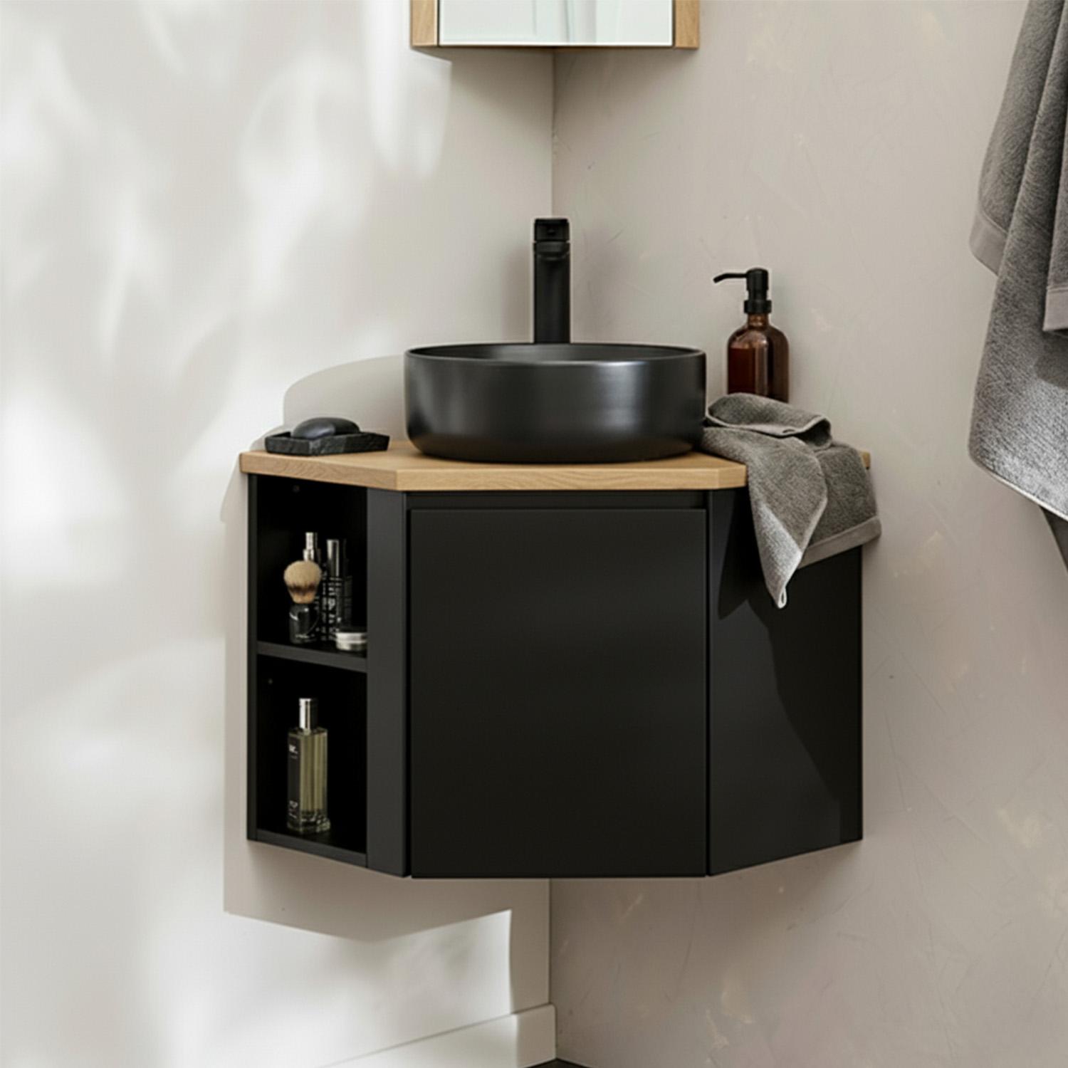 Ensemble meuble sous vasque d'angle avec vasque et robinet noir