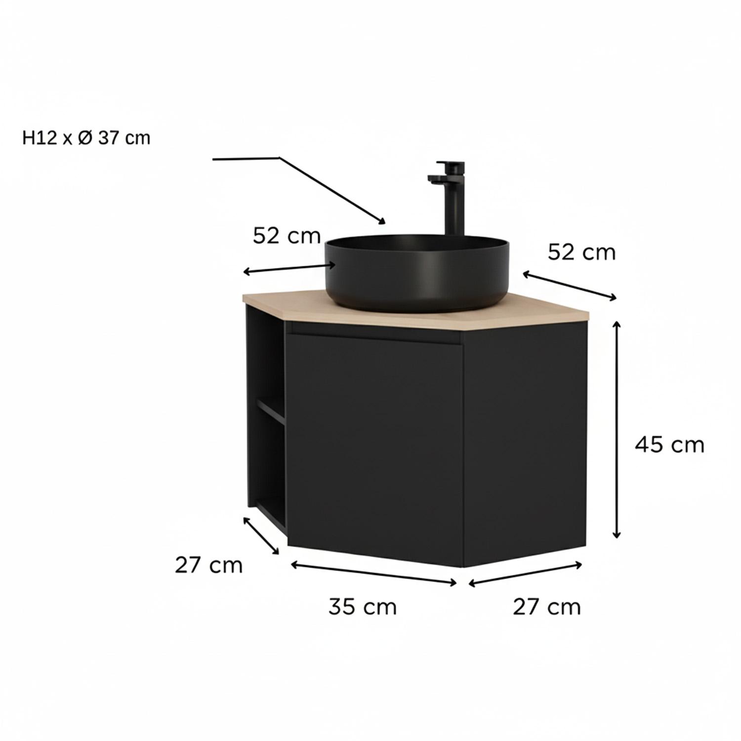 Ensemble meuble sous vasque d'angle avec vasque et robinet noir