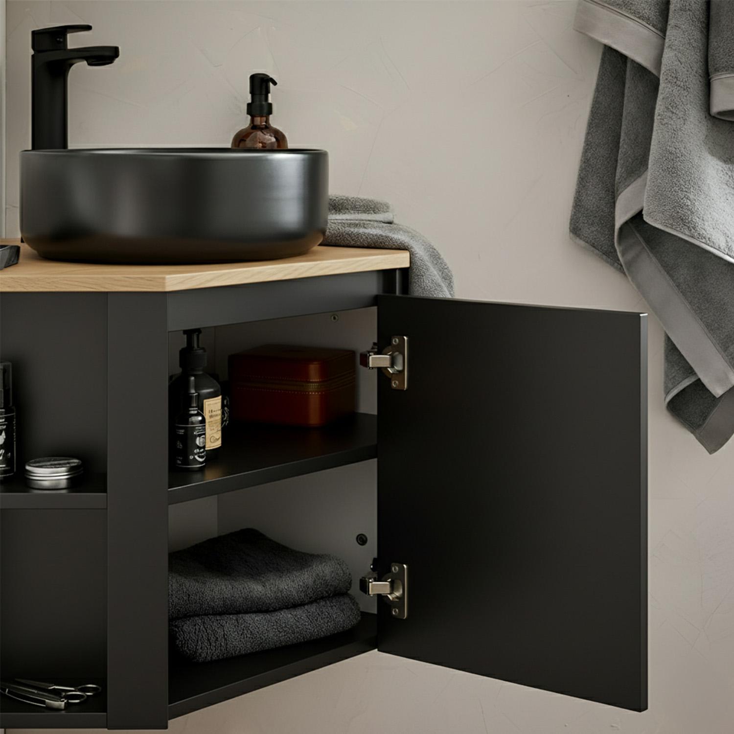 Ensemble meuble sous vasque d'angle avec vasque et robinet noir