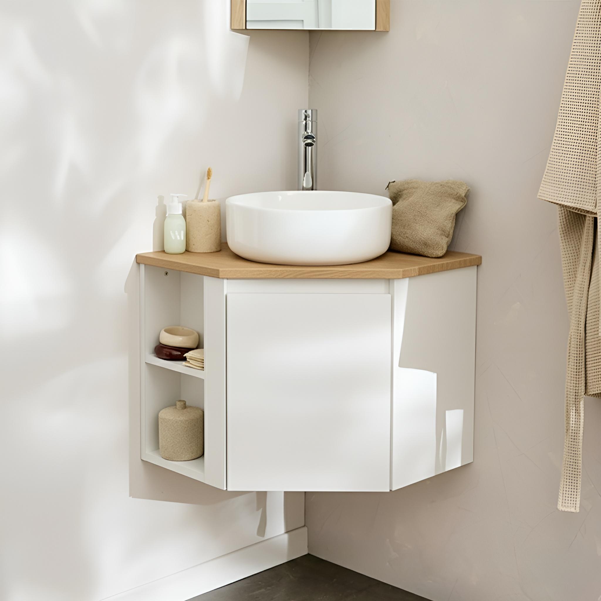 Ensemble meuble sous vasque d'angle avec vasque blanche et robinet chromé