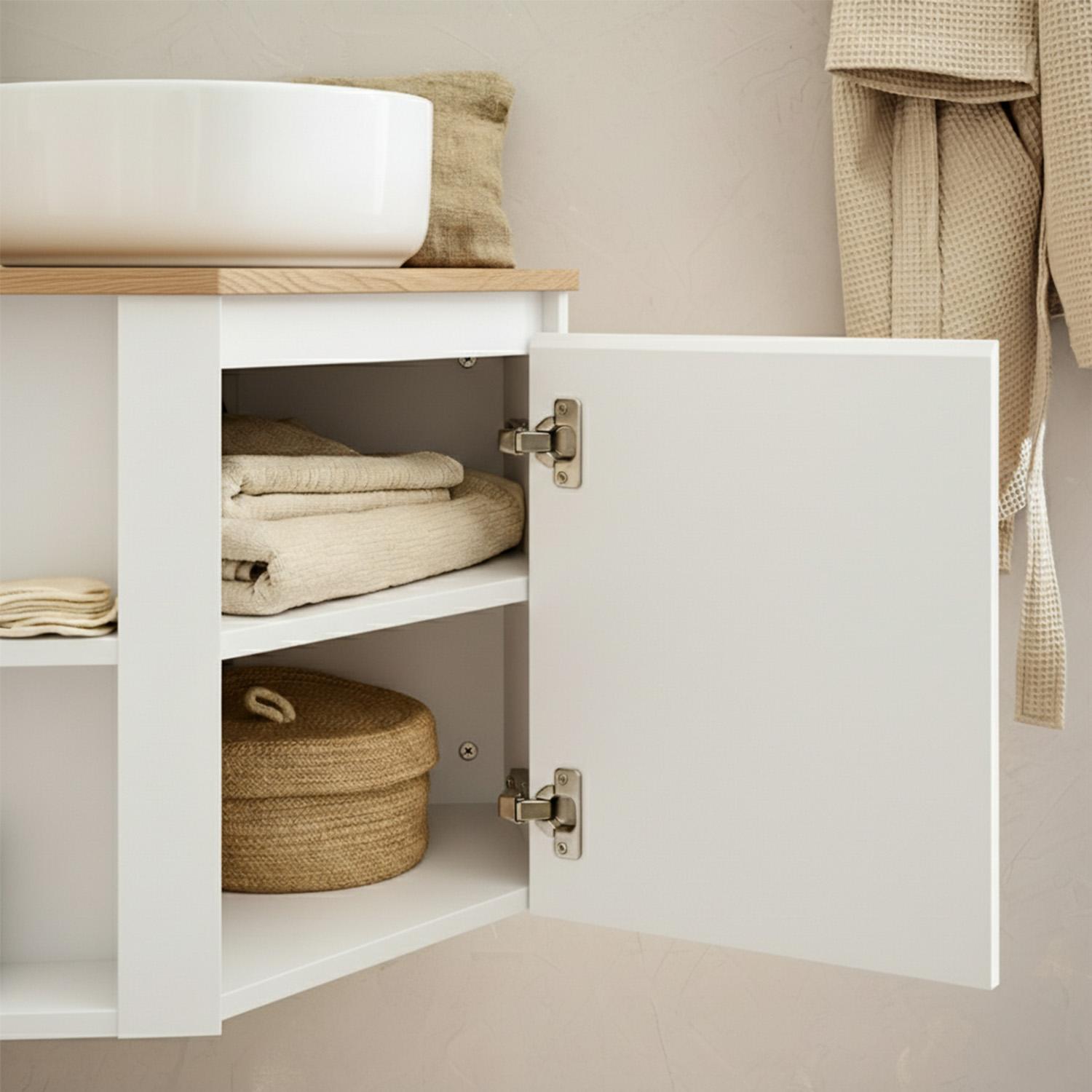 Ensemble meuble sous vasque d'angle avec vasque blanche et robinet chromé