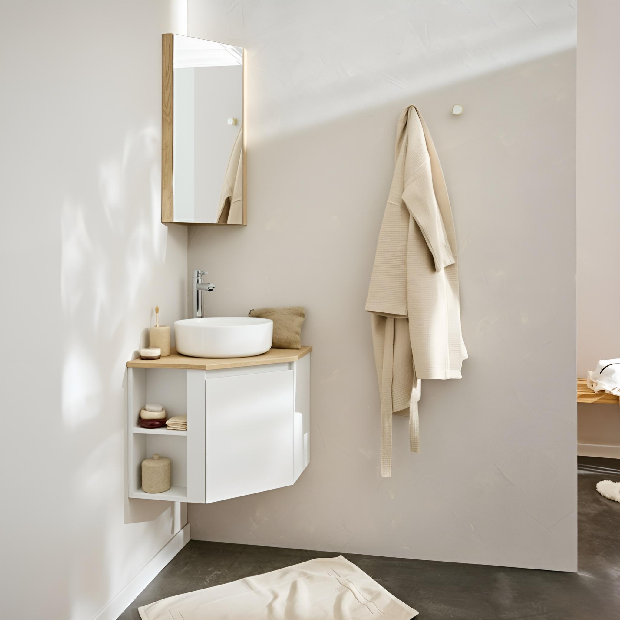 Ensemble meuble sous vasque d'angle avec vasque blanche et robinet chromé