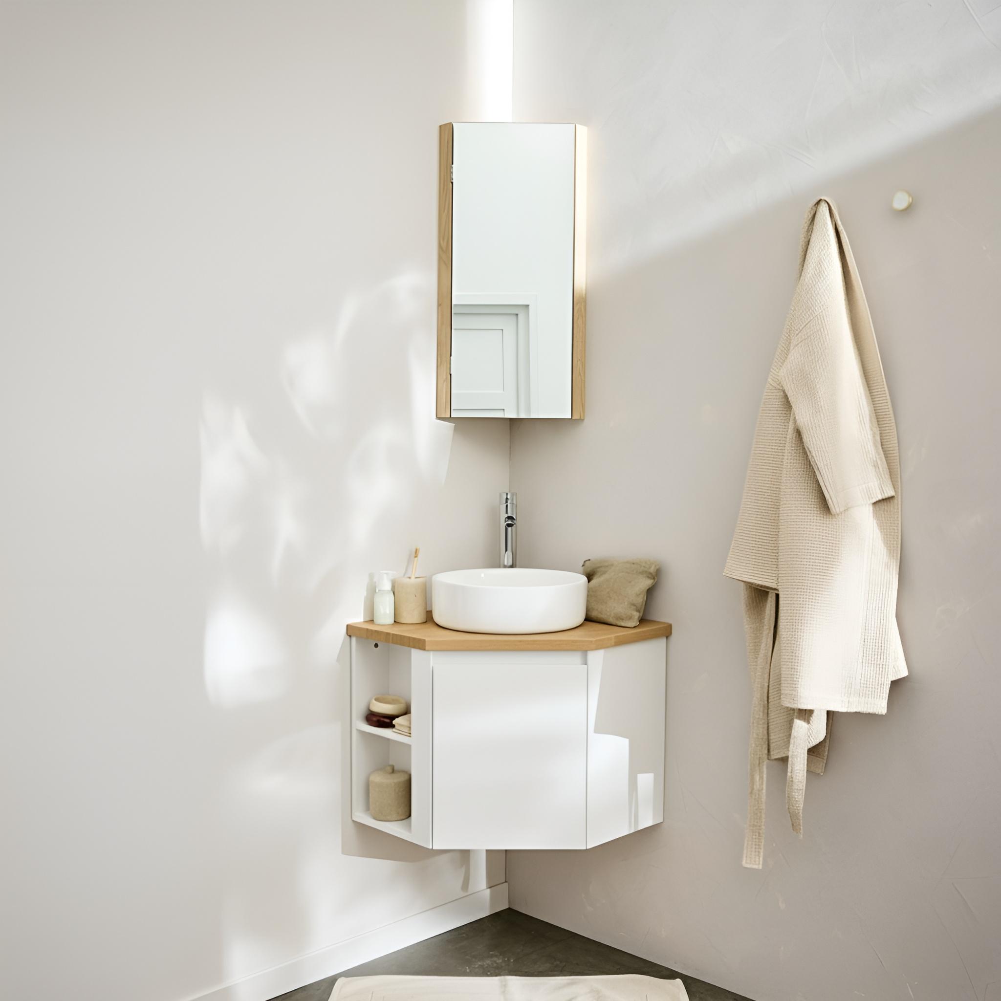 Meuble sous vasque d'angle suspendu 52cm - avec plan vasque décor chêne