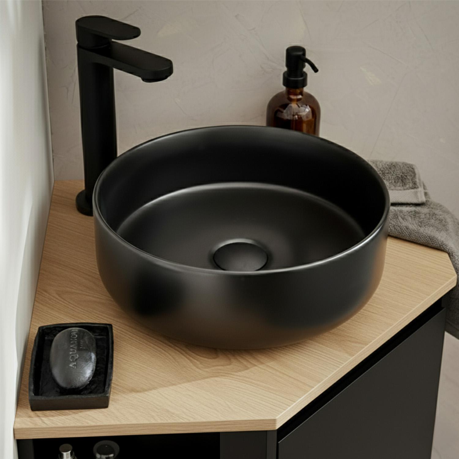 Ensemble meuble sous vasque d'angle avec vasque noire