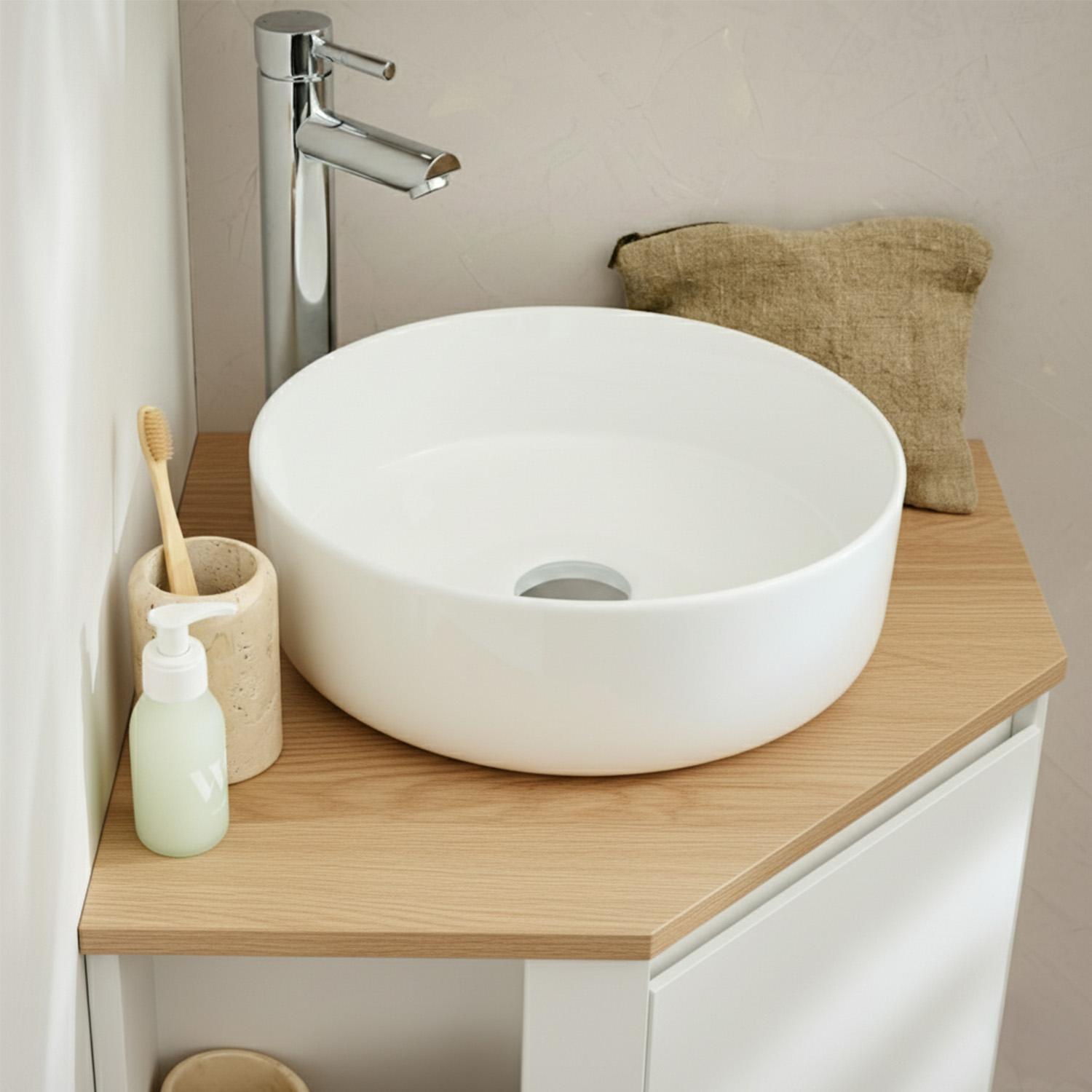 Ensemble meuble sous vasque d'angle avec vasque blanche