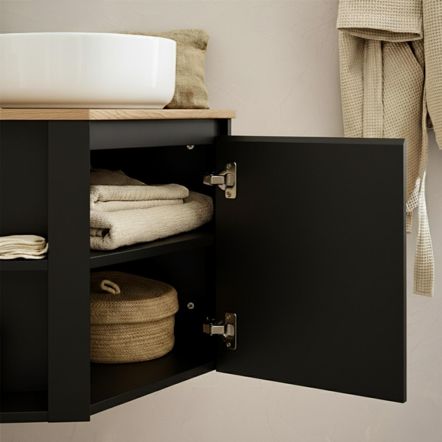 Meuble sous vasque d'angle suspendu 52cm - avec plan vasque décor chêne
