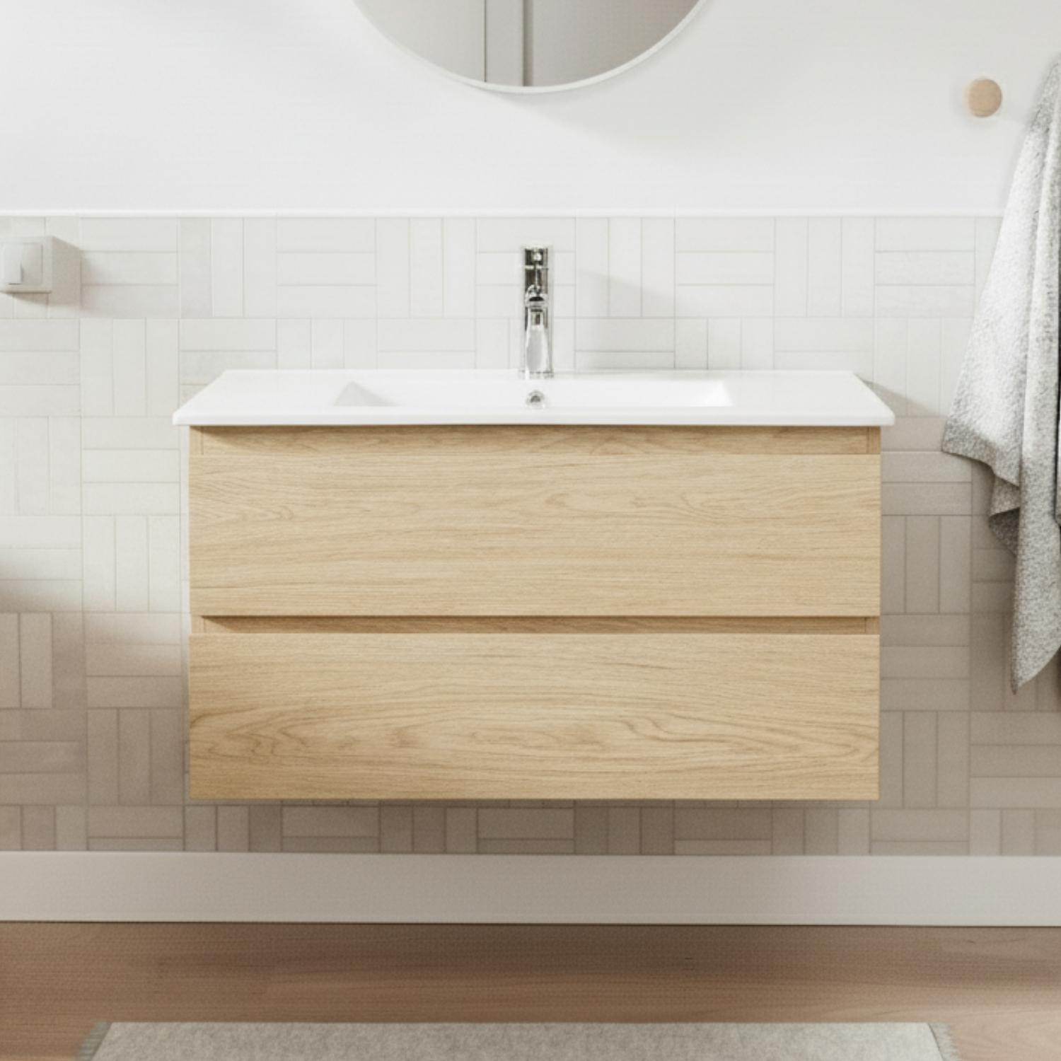 Ensemble meuble simple vasque décor chêne  80cm + vasque + robinet