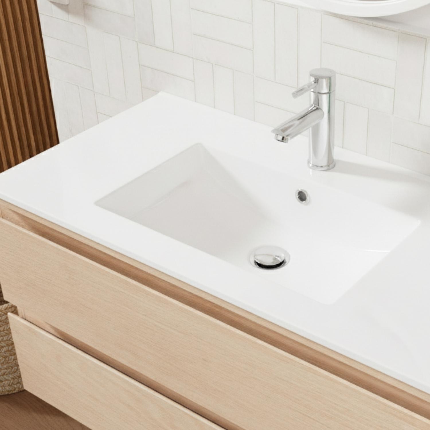 Ensemble meuble simple vasque décor chêne  80cm + vasque + robinet