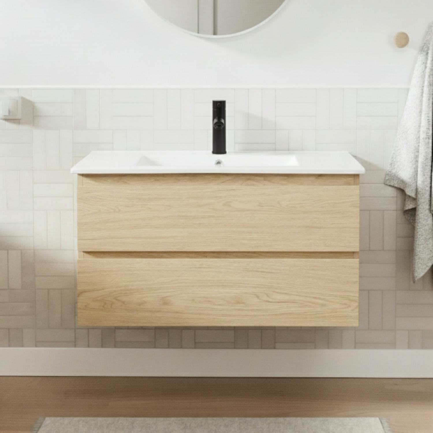 Ensemble meuble simple vasque décor chêne  80cm + vasque + robinet noir
