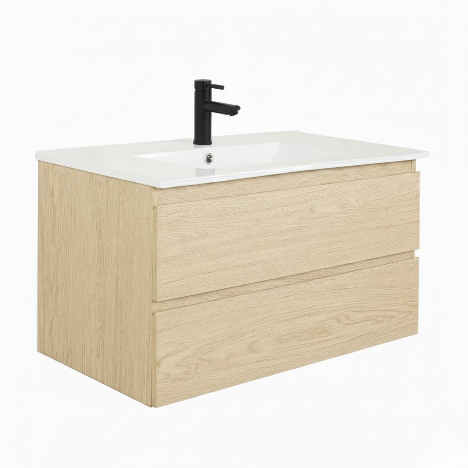 Ensemble meuble simple vasque décor chêne  80cm + vasque + robinet noir