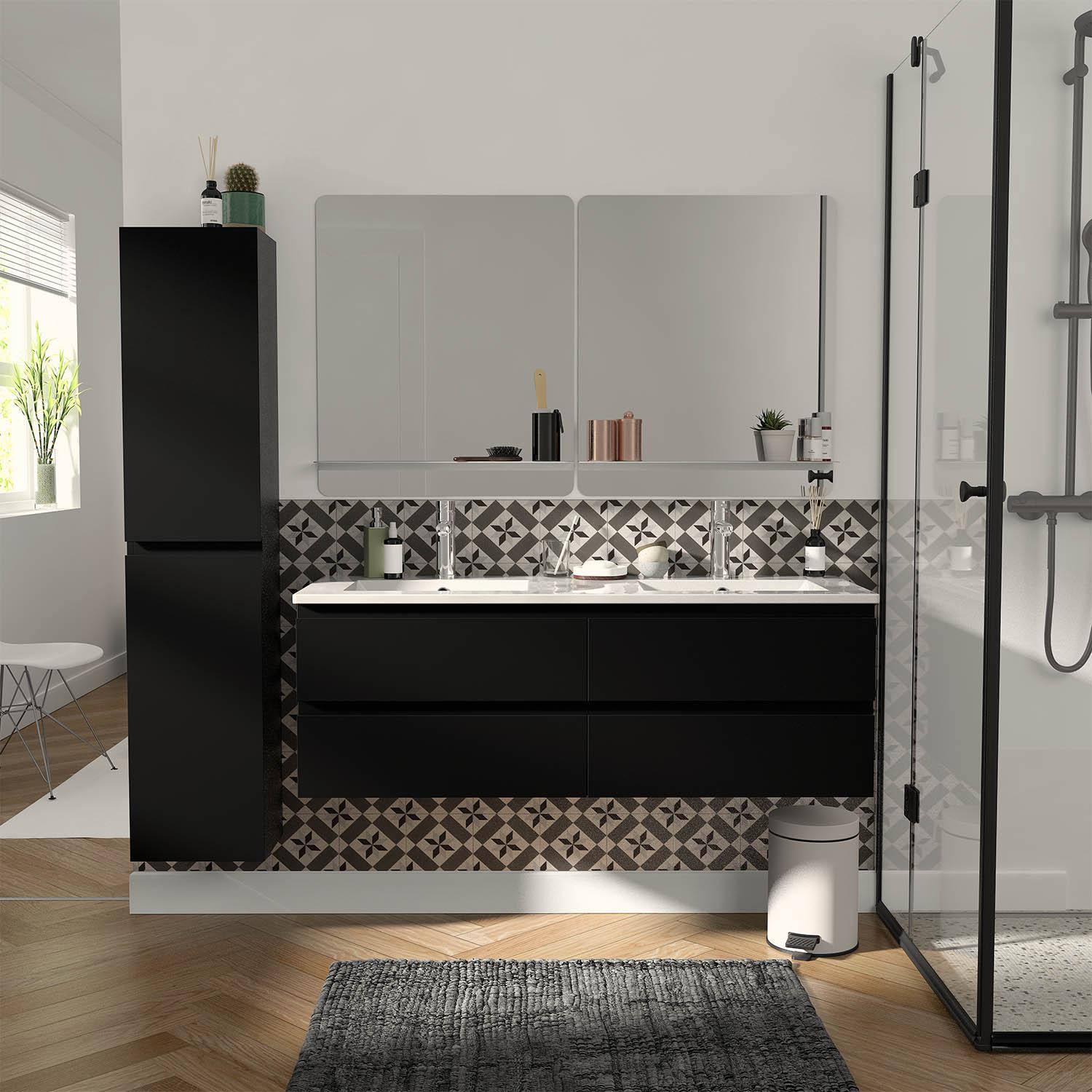 Ensemble meuble double vasque blanc  120cm + vasque + 2 miroirs + 2 robinets chromés + colonne